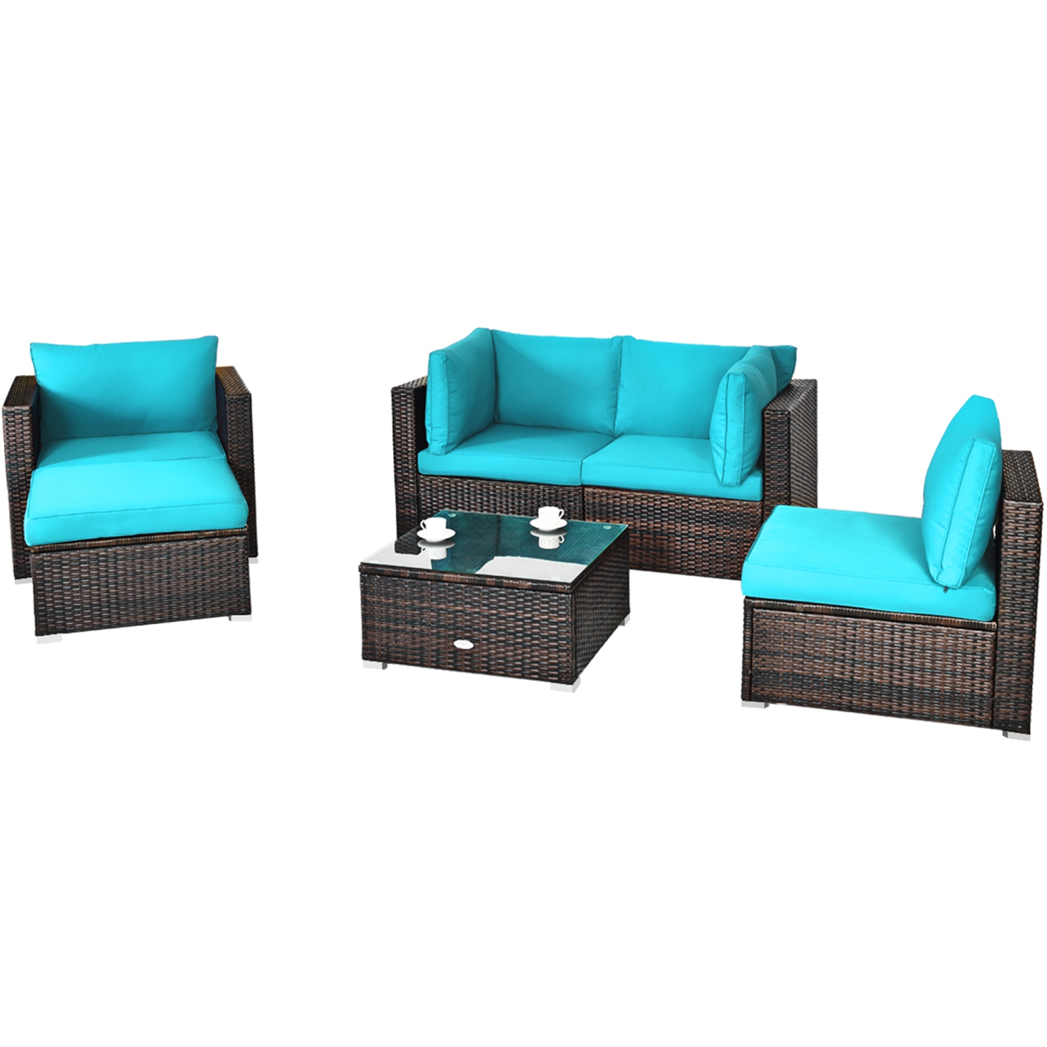 Gymax 6PCS Patio Conversation Set Rattan Sectional Furniture Set w/ Turquoise Cushions