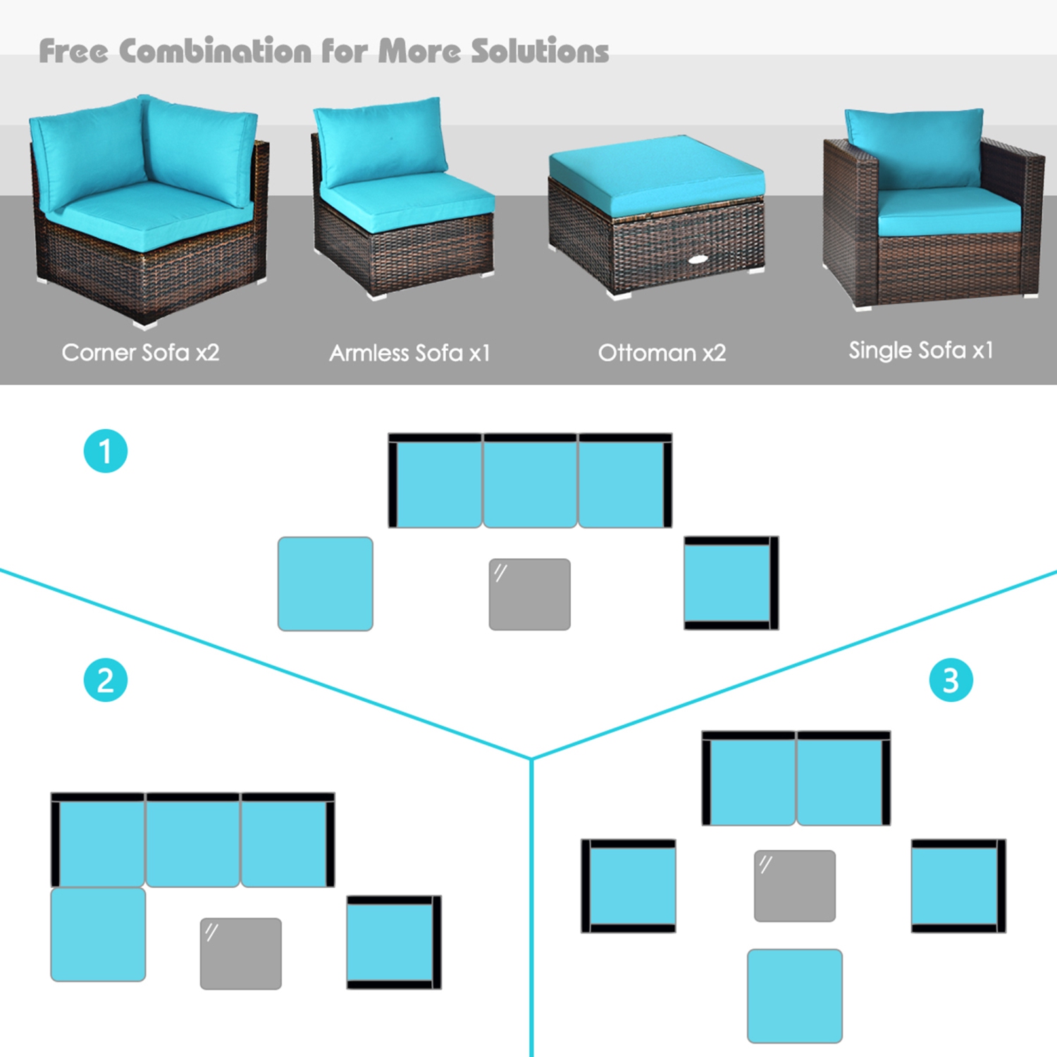 Gymax 6PCS Patio Conversation Set Rattan Sectional Furniture Set w/ Turquoise Cushions