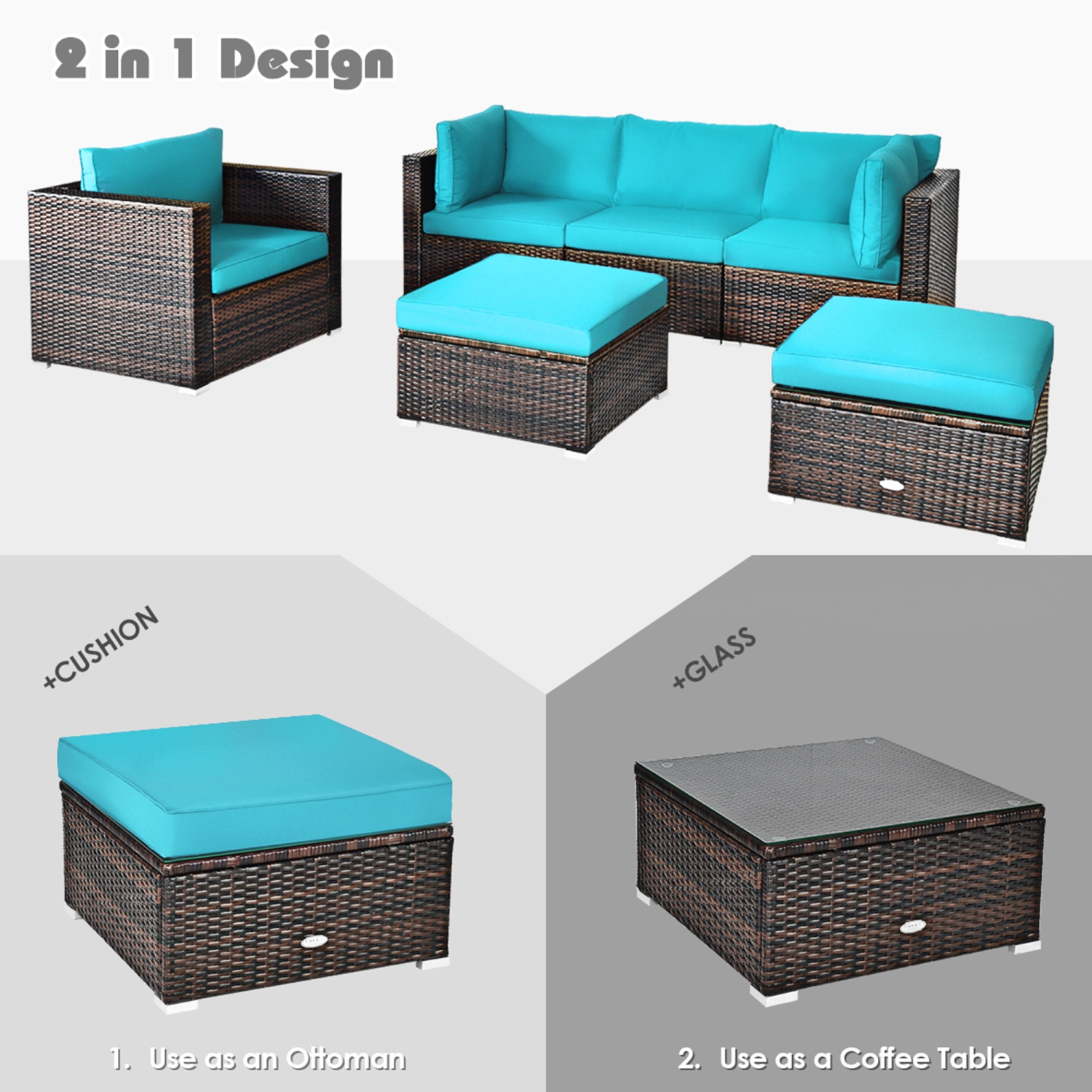 Gymax 6PCS Patio Conversation Set Rattan Sectional Furniture Set w/ Turquoise Cushions