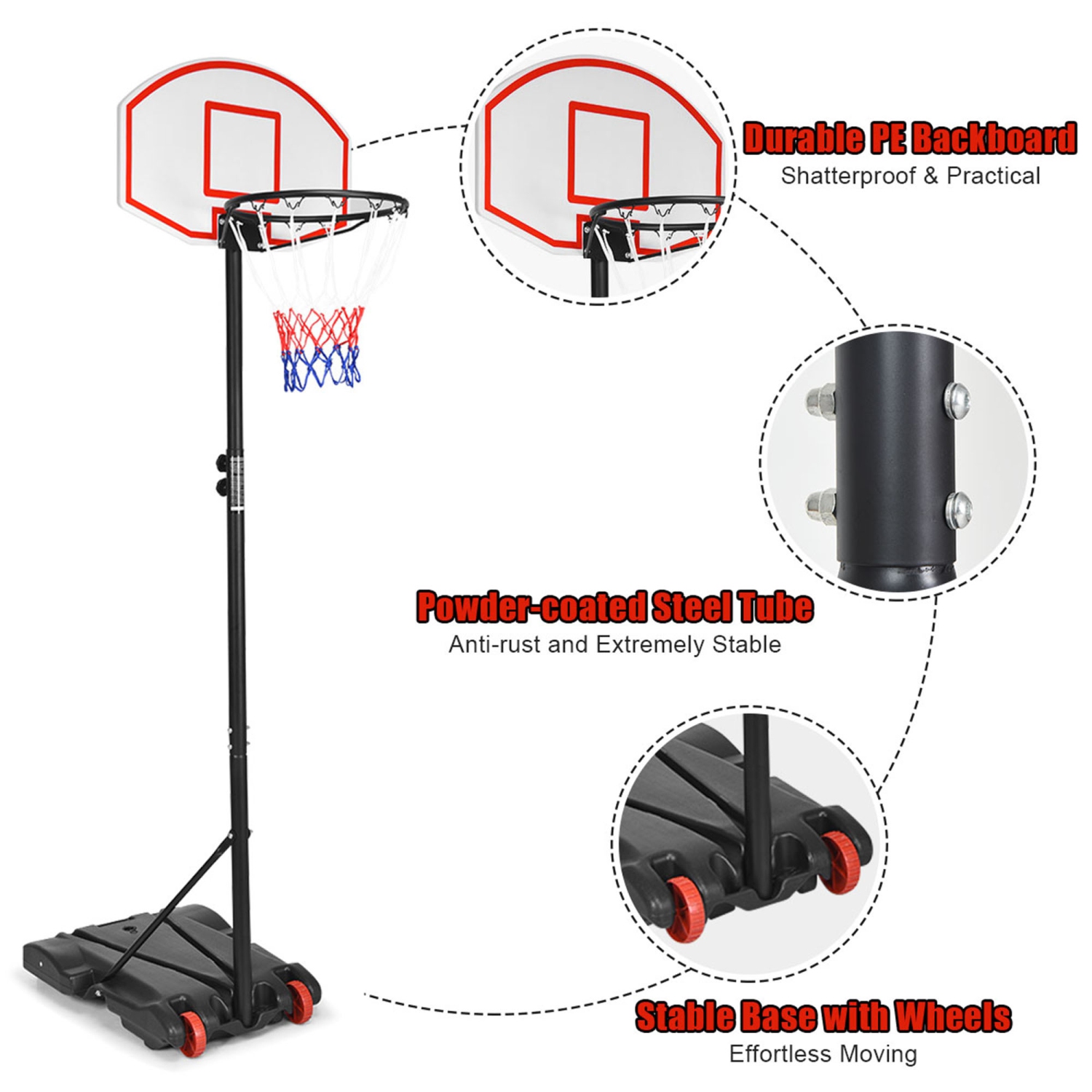 Gymax Panier de Basketball sur Pied,Panneau de Basketball Avec Roues Réglables en Hauteur