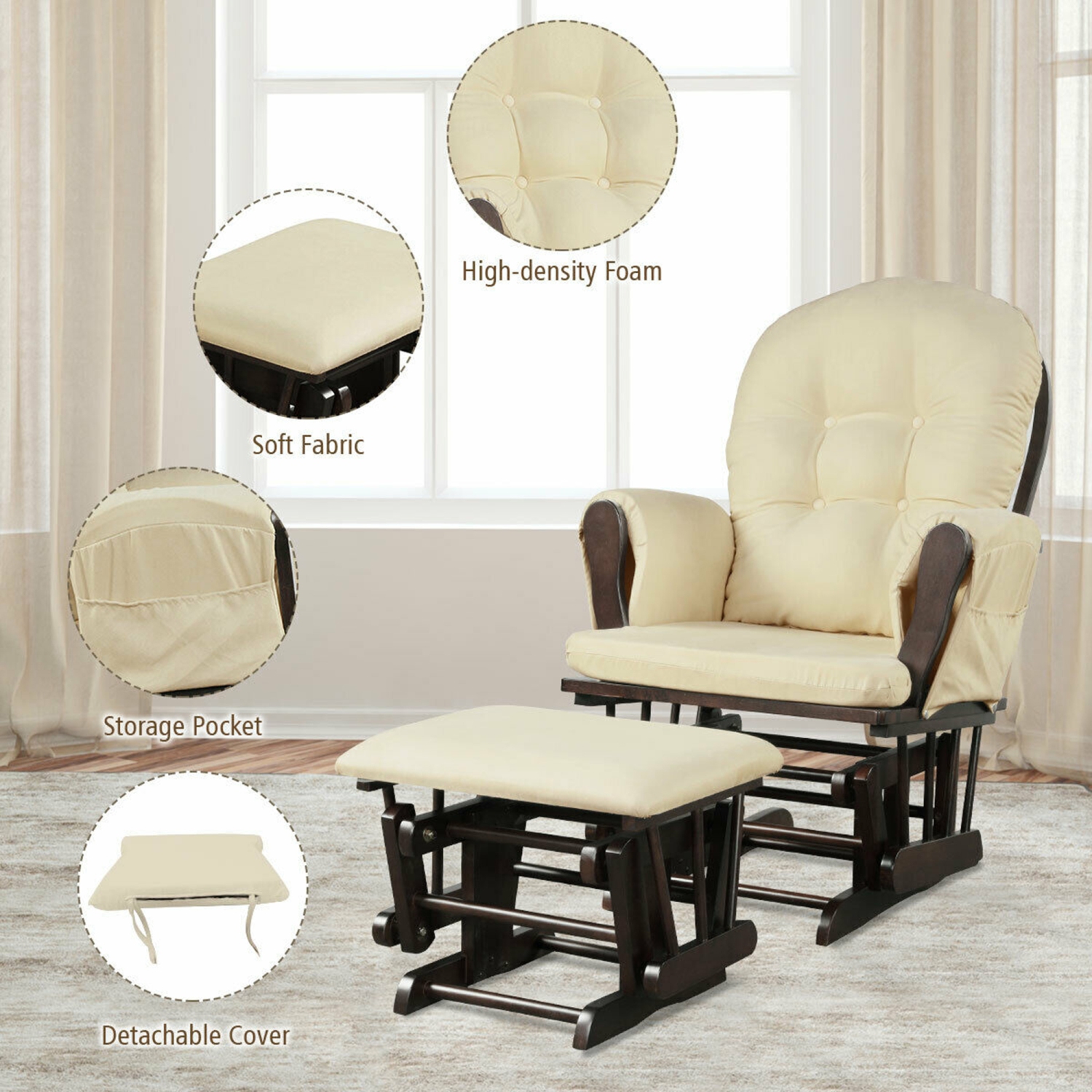 Gymax Baby Nursery Relax Rocker Rocking Chair Glider & Ottoman Set w/ Cushion