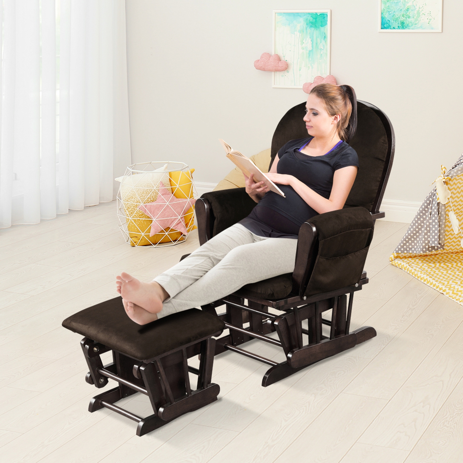 Gymax Baby Nursery Relax Rocker Rocking Chair Glider & Ottoman Set w/ Cushion