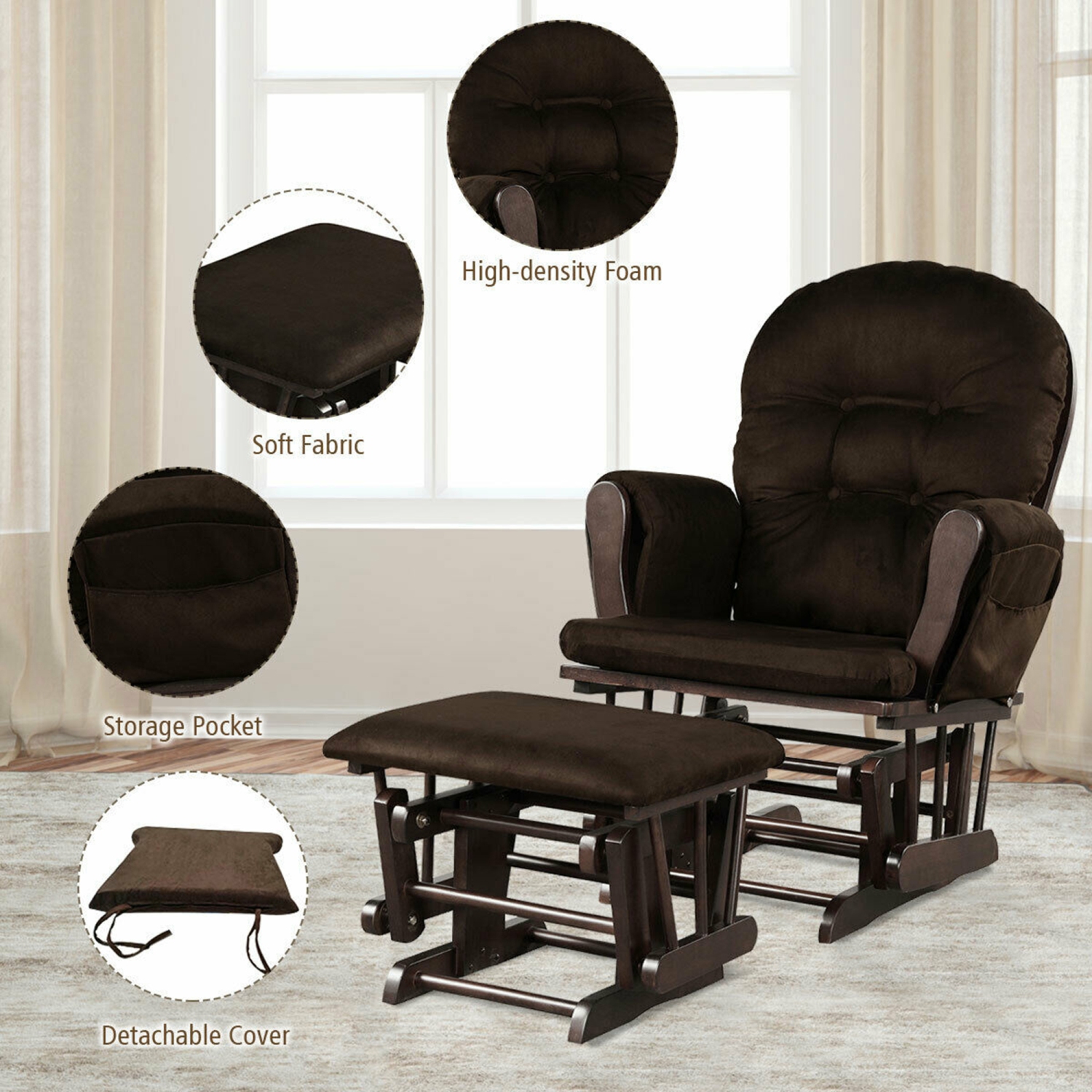 Gymax Baby Nursery Relax Rocker Rocking Chair Glider & Ottoman Set w/ Cushion