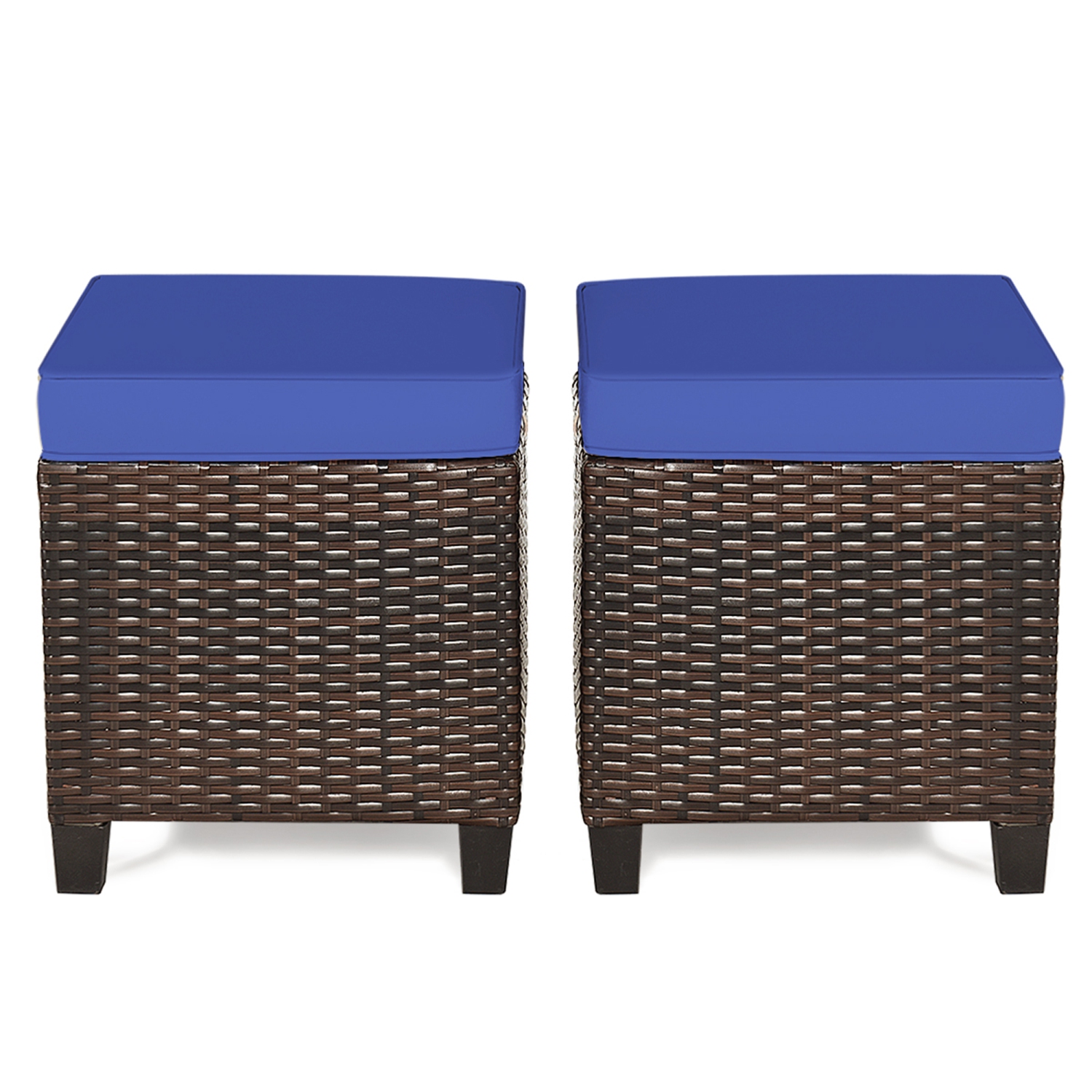 Gymax Set of 2 Patio Rattan Ottoman Footrest Garden Outdoor w/ Navy Cushion