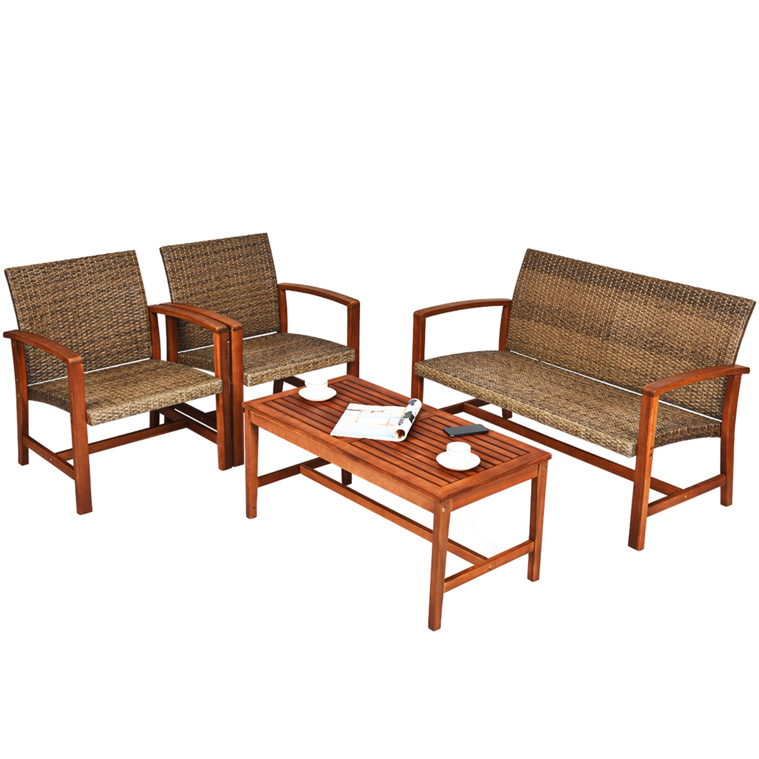 Gymax 4PCS Patio Conversation Set Outdoor Furniture Set w/ Acacia Wood Frame