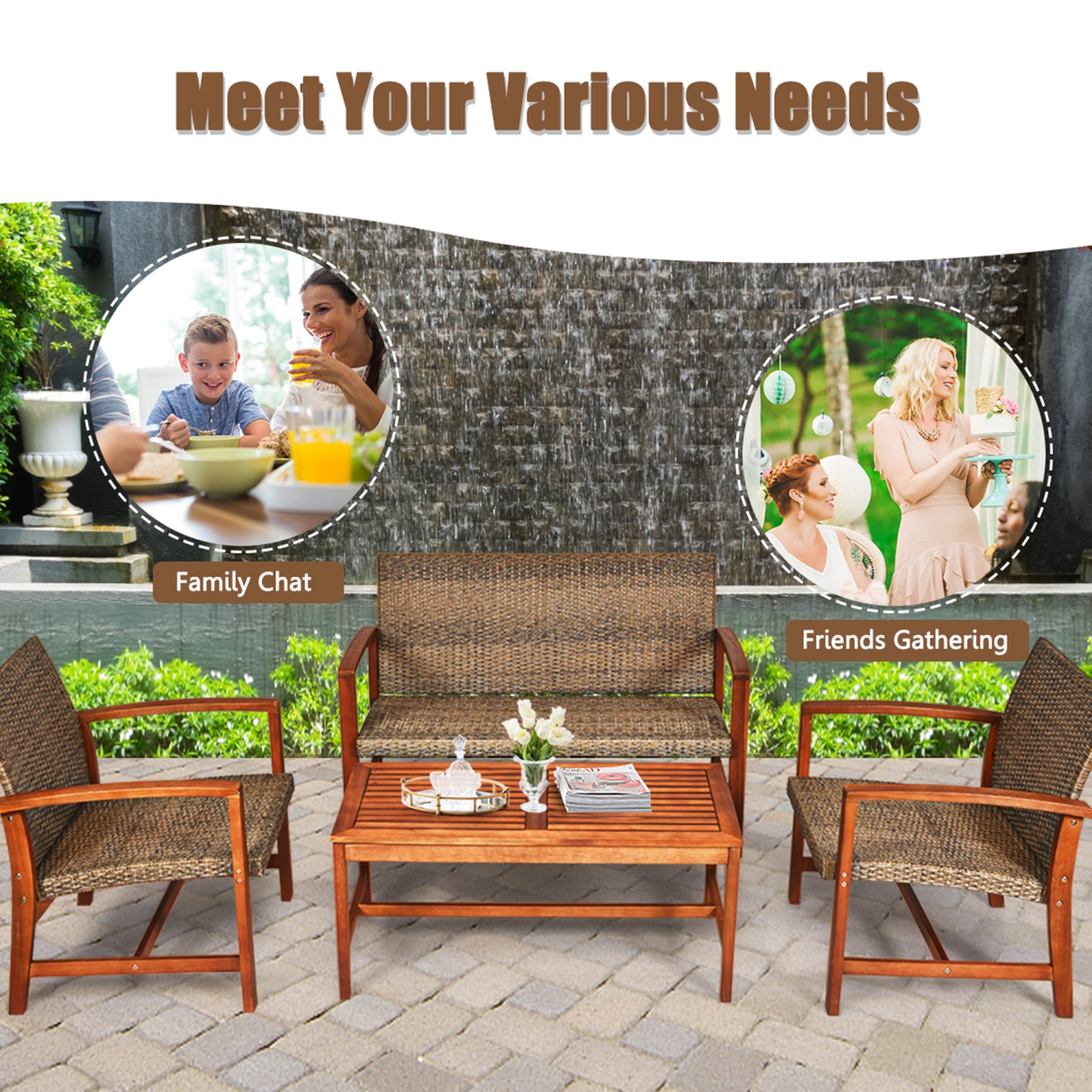 Gymax 4PCS Patio Conversation Set Outdoor Furniture Set w/ Acacia Wood Frame