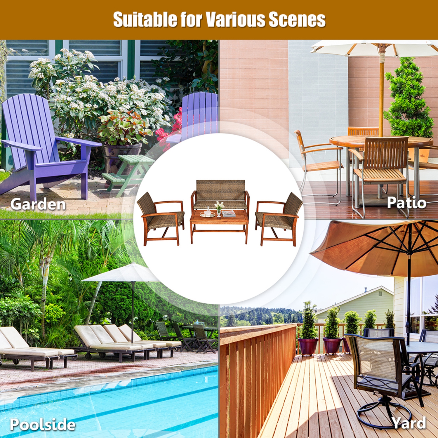 Gymax 4PCS Patio Conversation Set Outdoor Furniture Set w/ Acacia Wood Frame