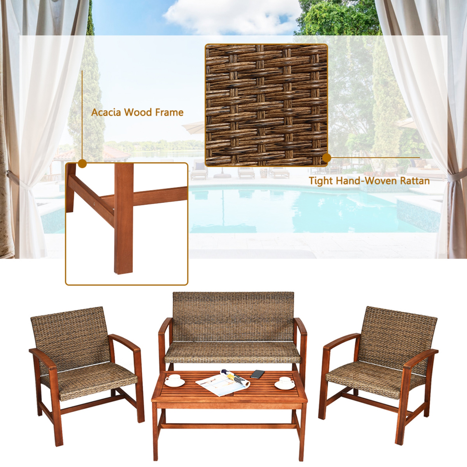 Gymax 4PCS Patio Conversation Set Outdoor Furniture Set w/ Acacia Wood Frame