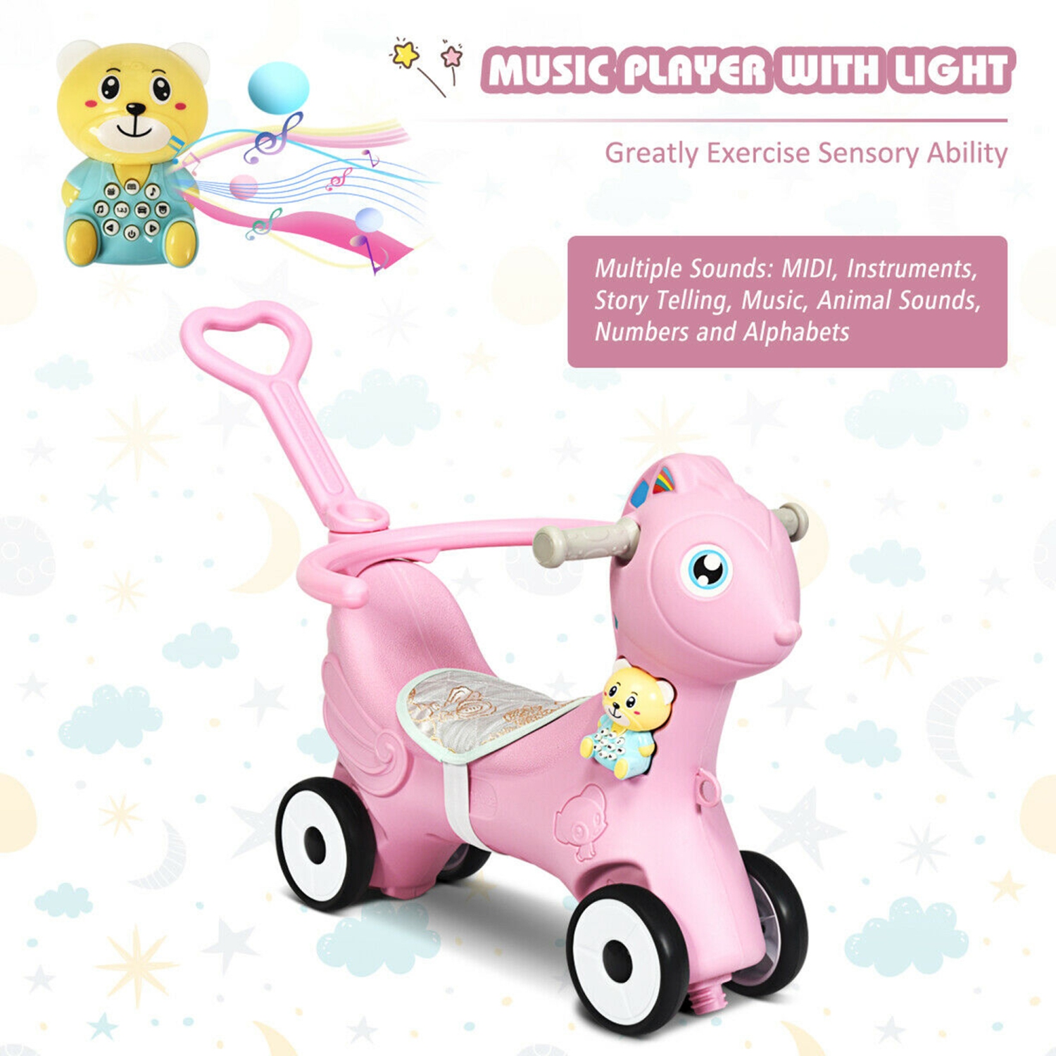 Gymax Baby Rocking Horse 4 in 1 Kids Ride On Toy Push Car w/ Music Indoor Outdoor Gift
