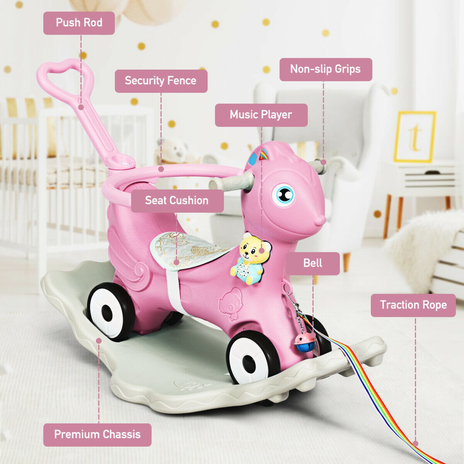 Gymax Baby Rocking Horse 4 in 1 Kids Ride On Toy Push Car w/ Music Indoor Outdoor Gift