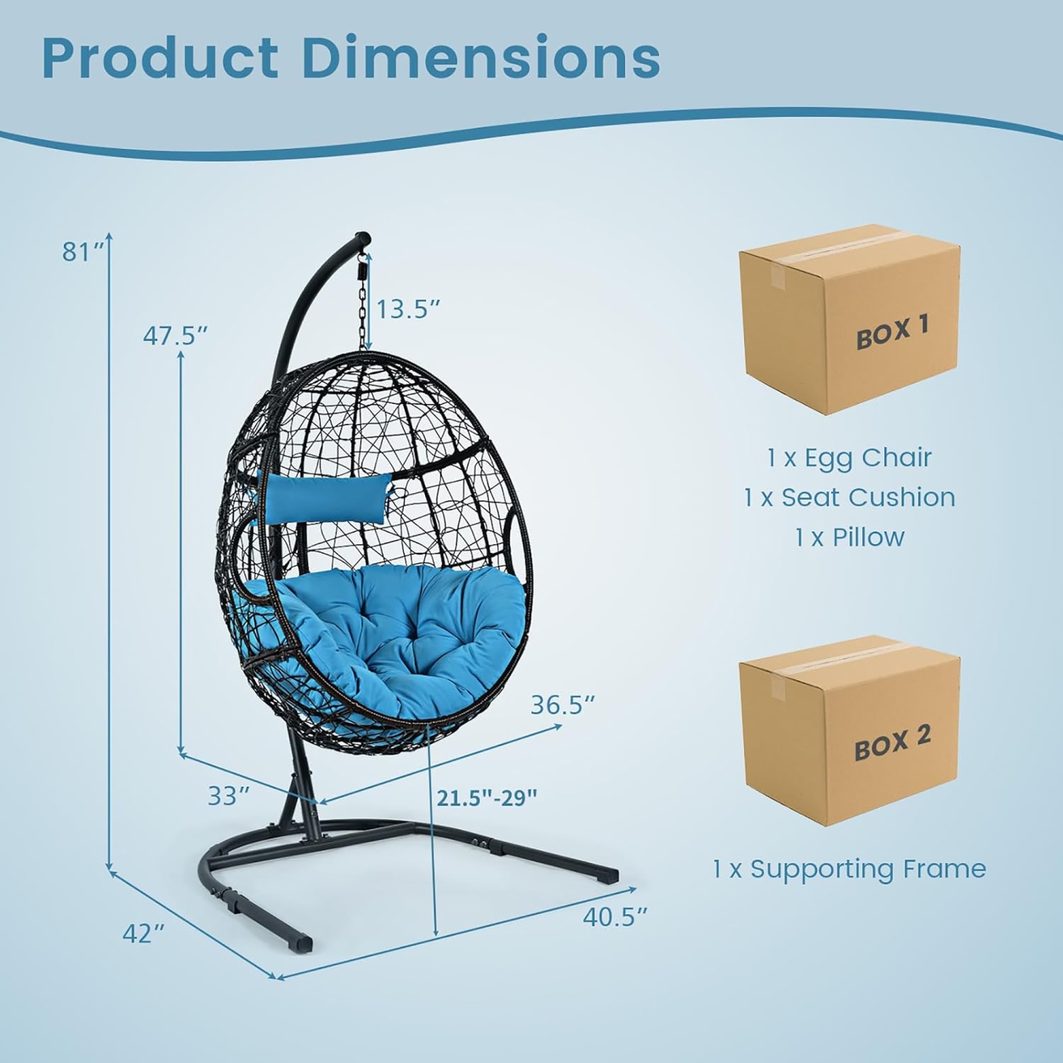 Gymax Hanging Hammock Chair Egg Swing Chair w/ Blue Cushion Pillow Stand