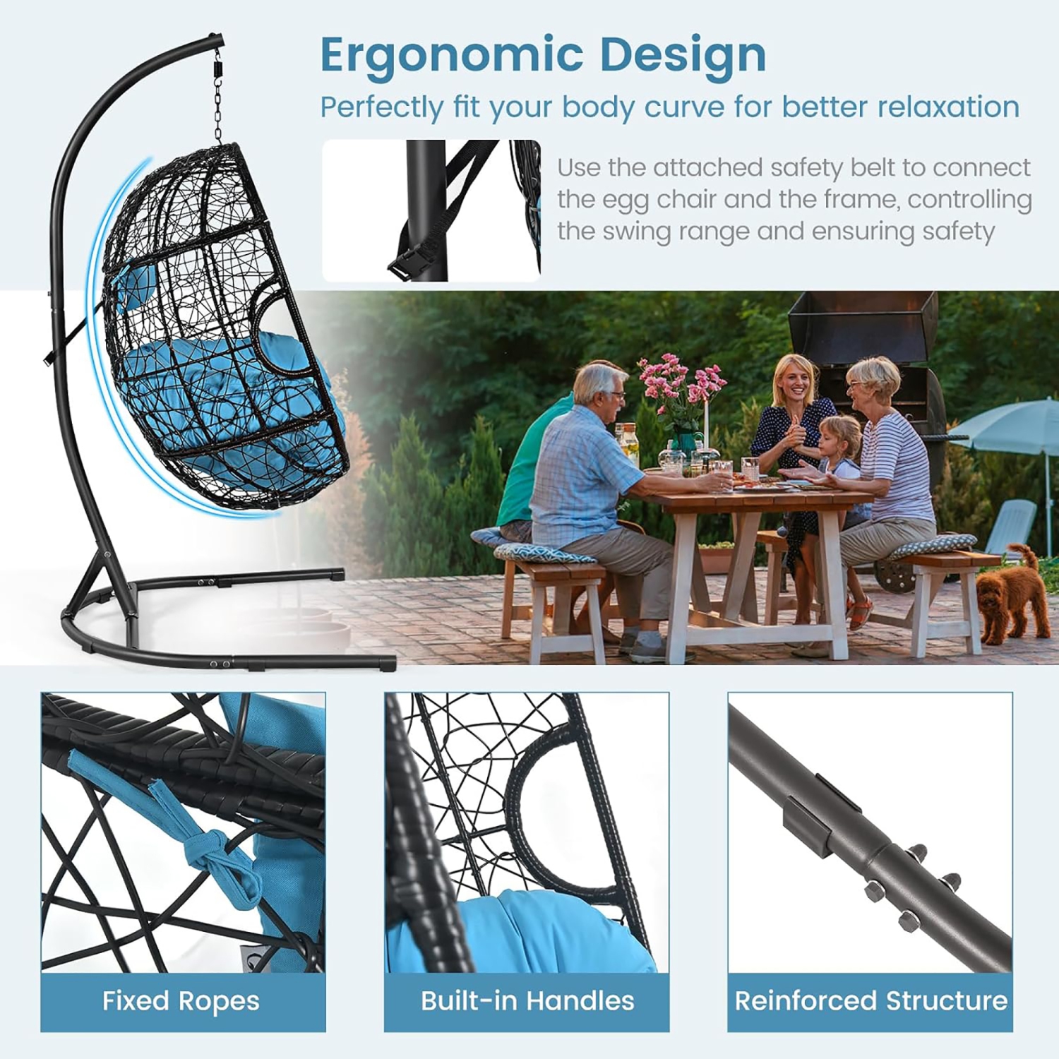 Gymax Hanging Hammock Chair Egg Swing Chair w/ Blue Cushion Pillow Stand