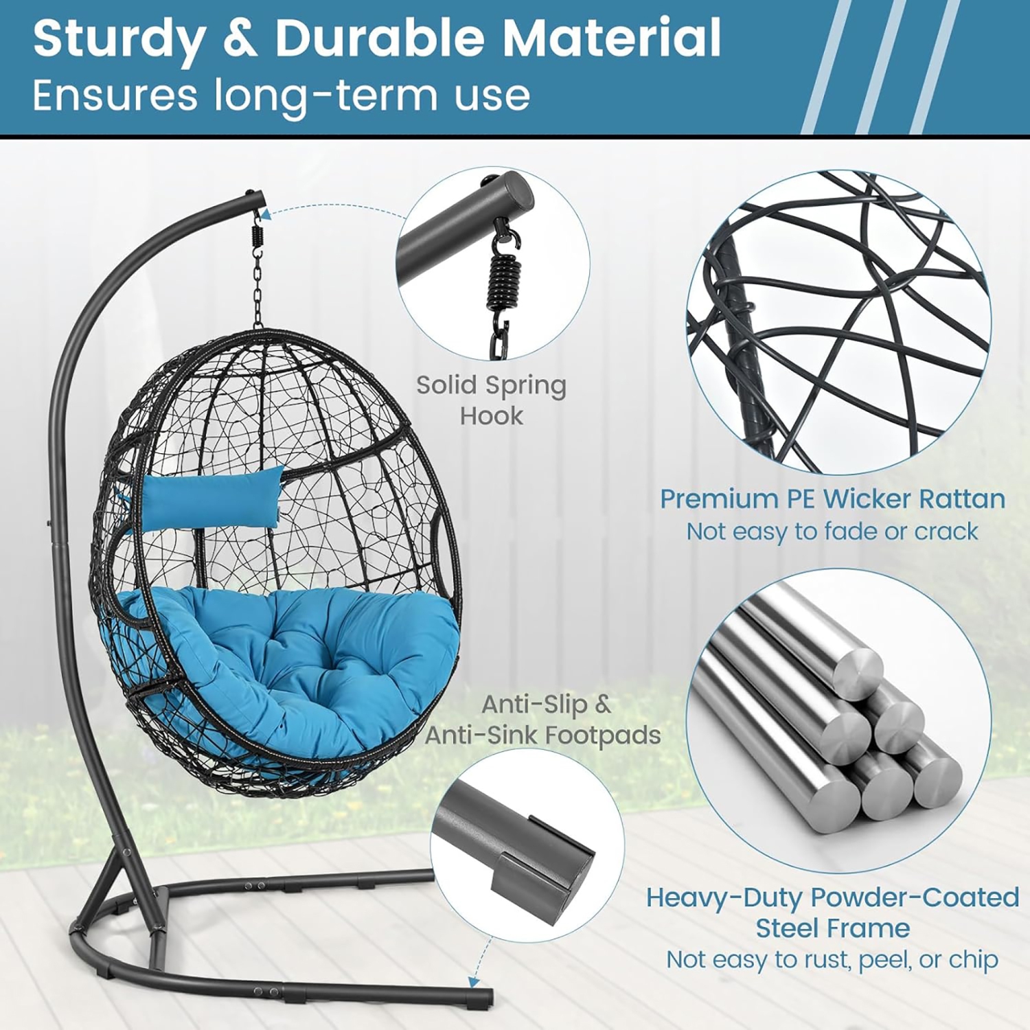 Gymax Hanging Hammock Chair Egg Swing Chair w/ Blue Cushion Pillow Stand