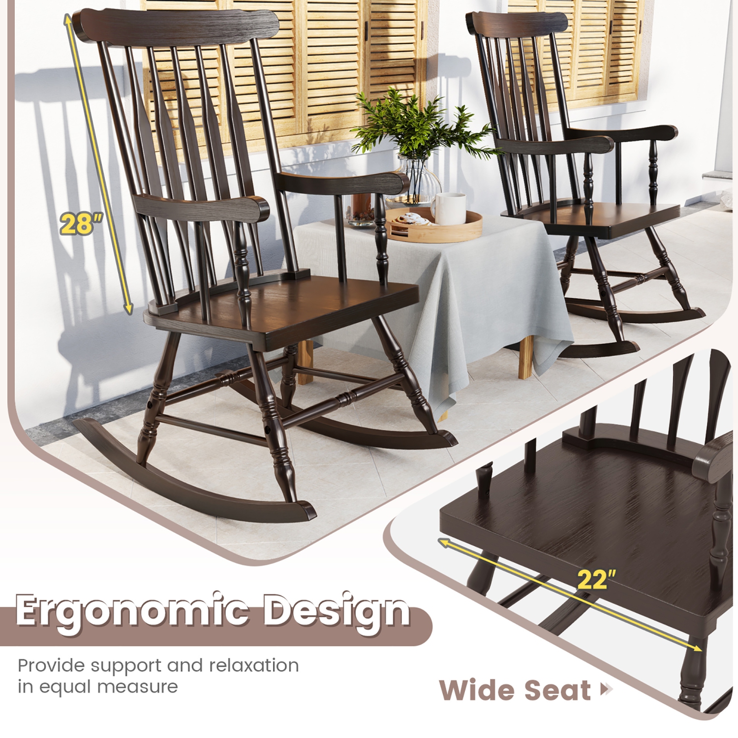 Gymax 2PCS Wooden Rocking Chair Single Rocker Indoor Garden Patio Yard Coffee