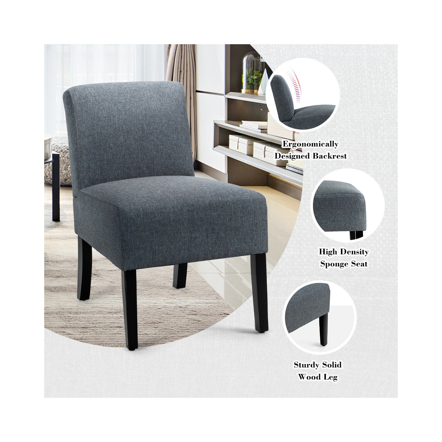 Gymax Accent Chair Fabric Upholstered Leisure Chair Single Sofa with Wooden Legs Grey