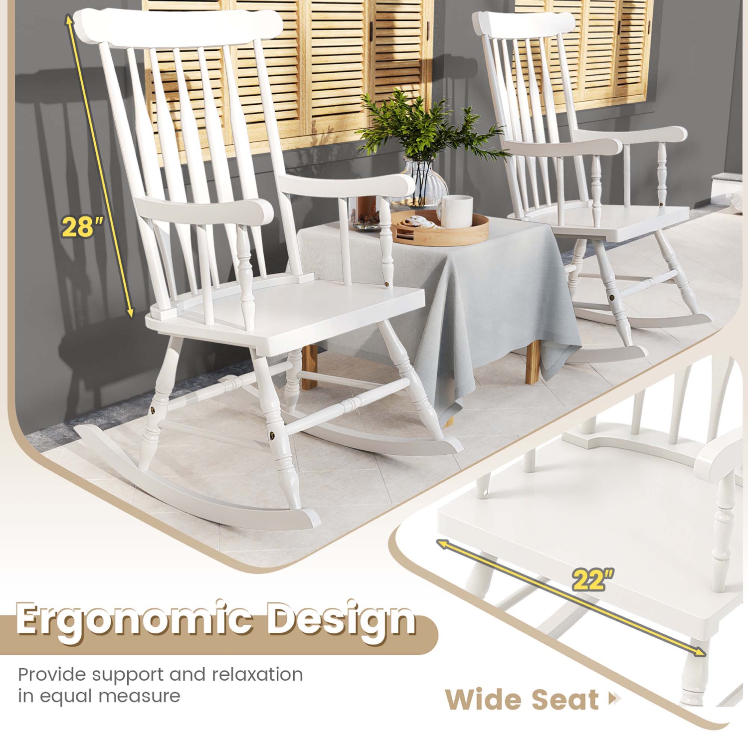 Gymax 2PCS Wooden Rocking Chair Single Rocker Indoor Garden Patio Yard White