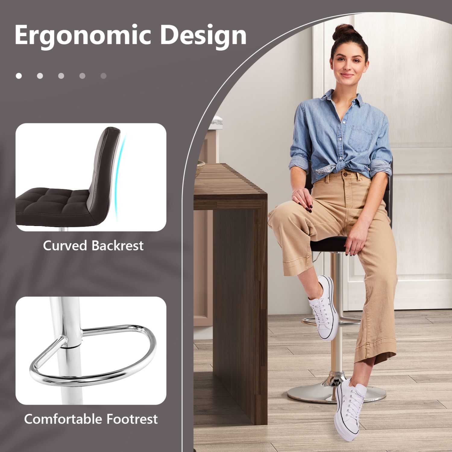 Gymax Set of 4 PU Leather Bar Stool Swivel Bar Chair w/ Adjustable Height Brown