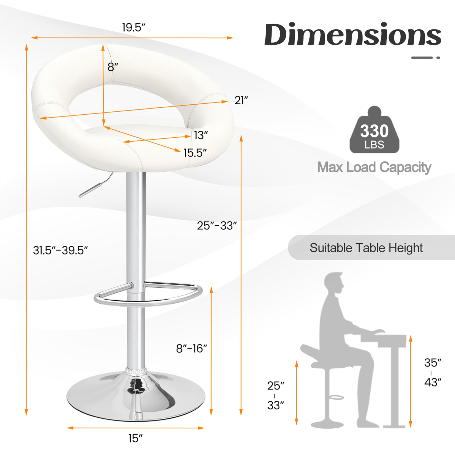 Gymax Set of 4 Adjustable Bar Stools Swivel Pub Chairs Barstools PU Leather White