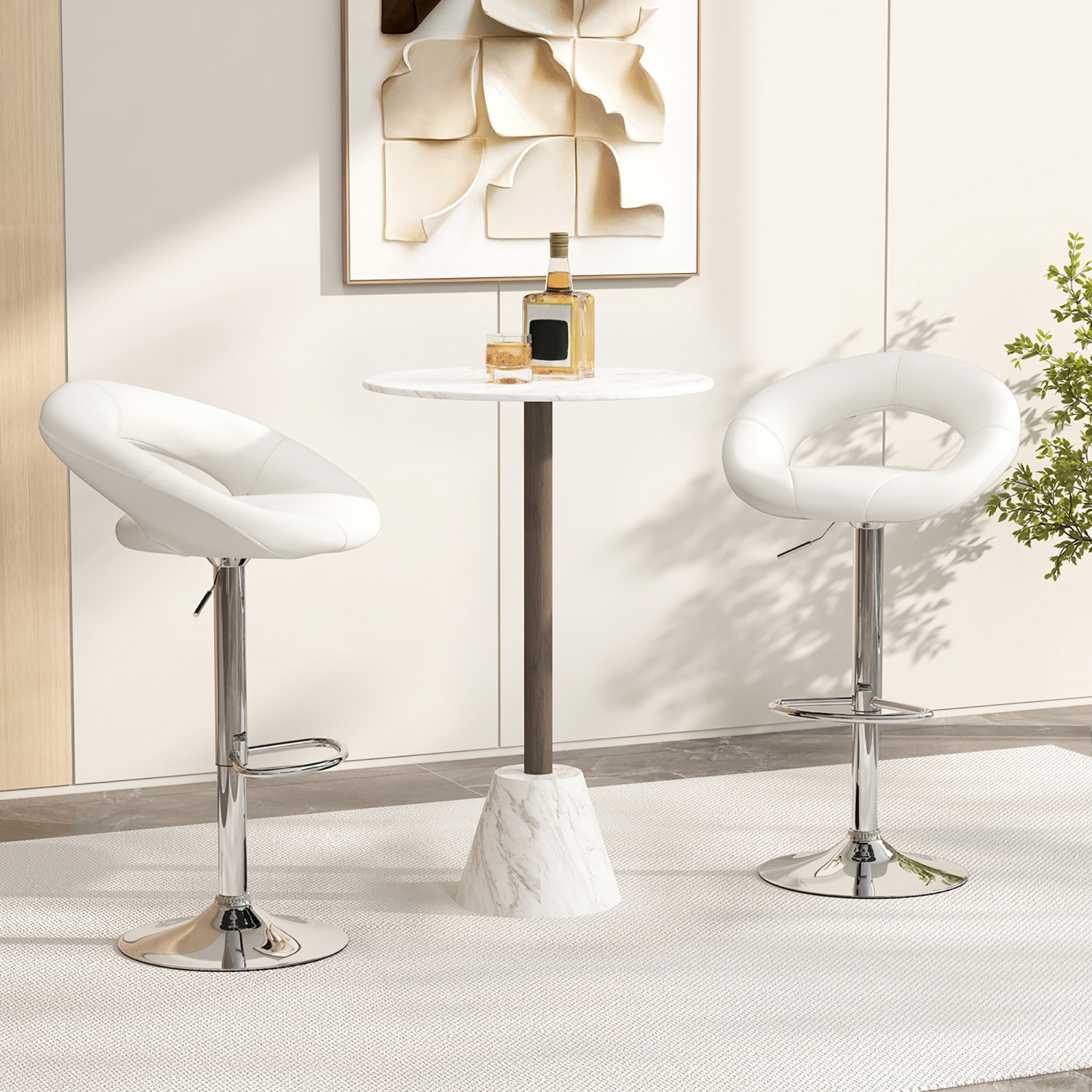 Gymax Set of 4 Adjustable Bar Stools Swivel Pub Chairs Barstools PU Leather White