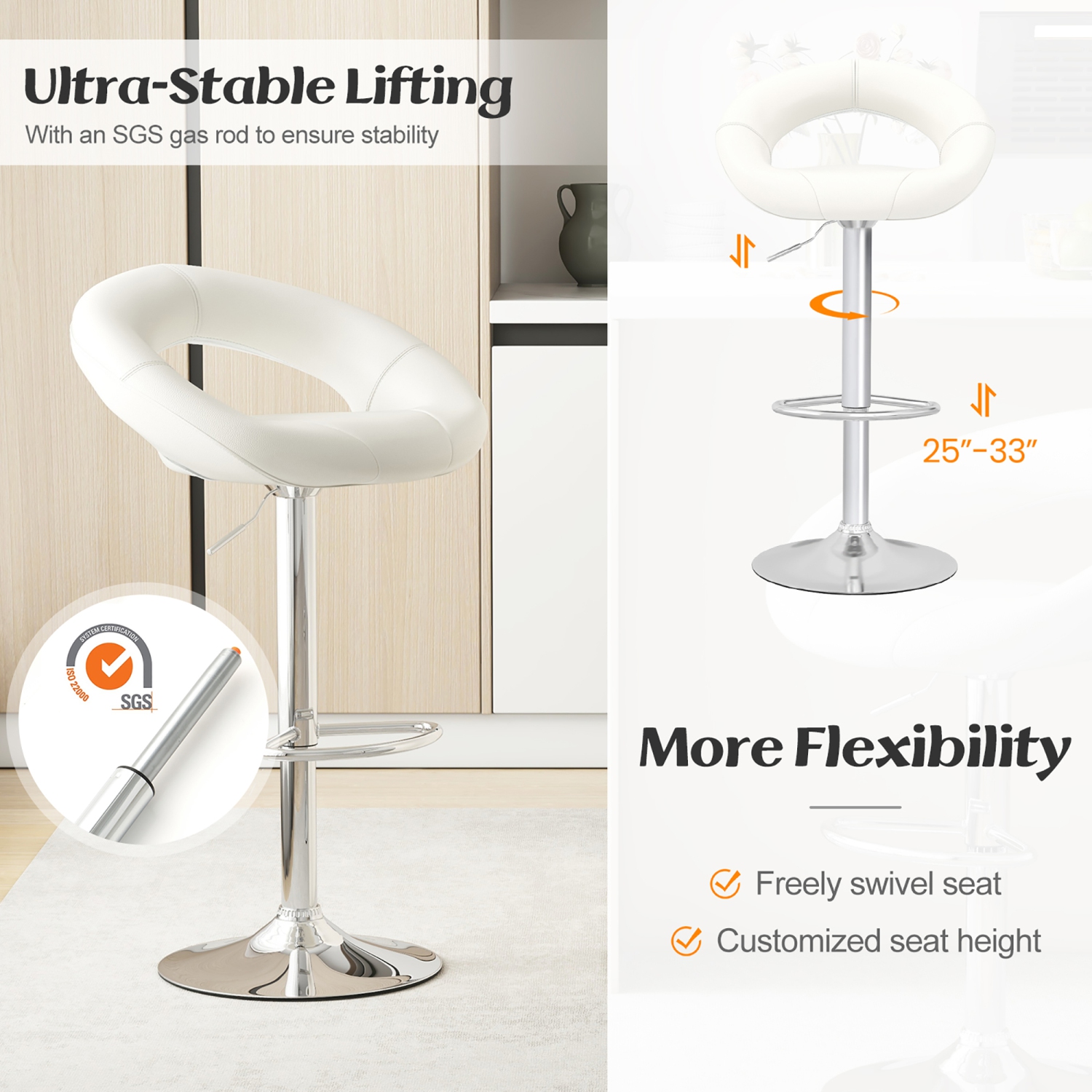 Gymax Set of 4 Adjustable Bar Stools Swivel Pub Chairs Barstools PU Leather White