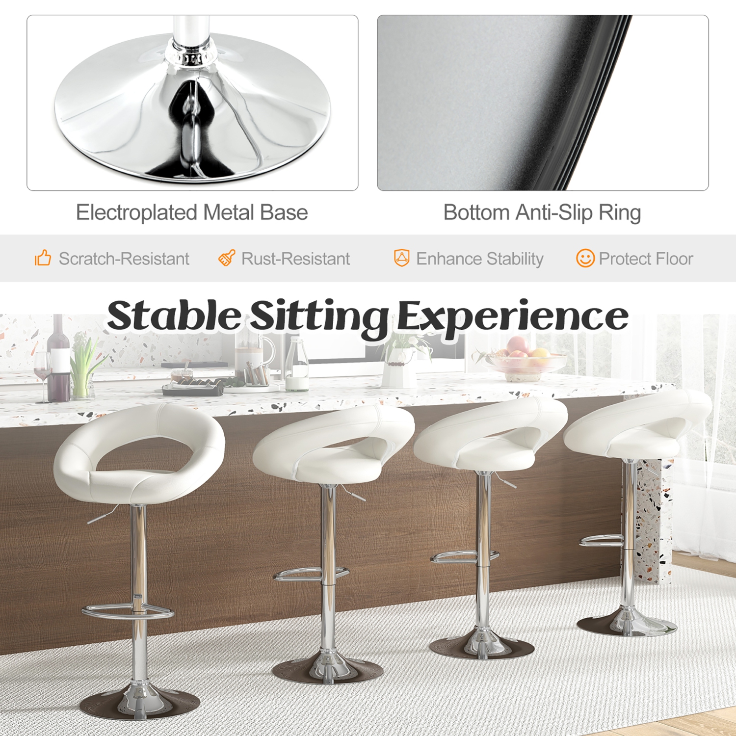 Gymax Set of 4 Adjustable Bar Stools Swivel Pub Chairs Barstools PU Leather White