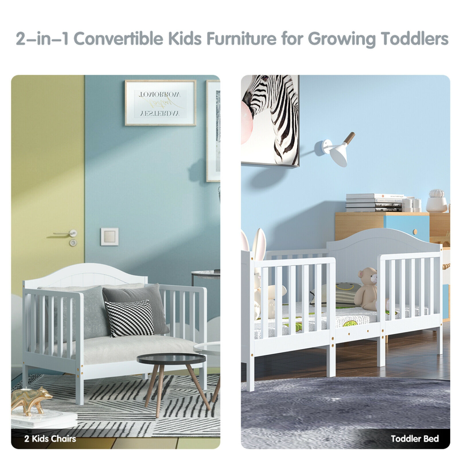 Gymax 2-in-1 Convertible Toddler Bed Kids Wooden Bedroom Furniture w/ Guardrails