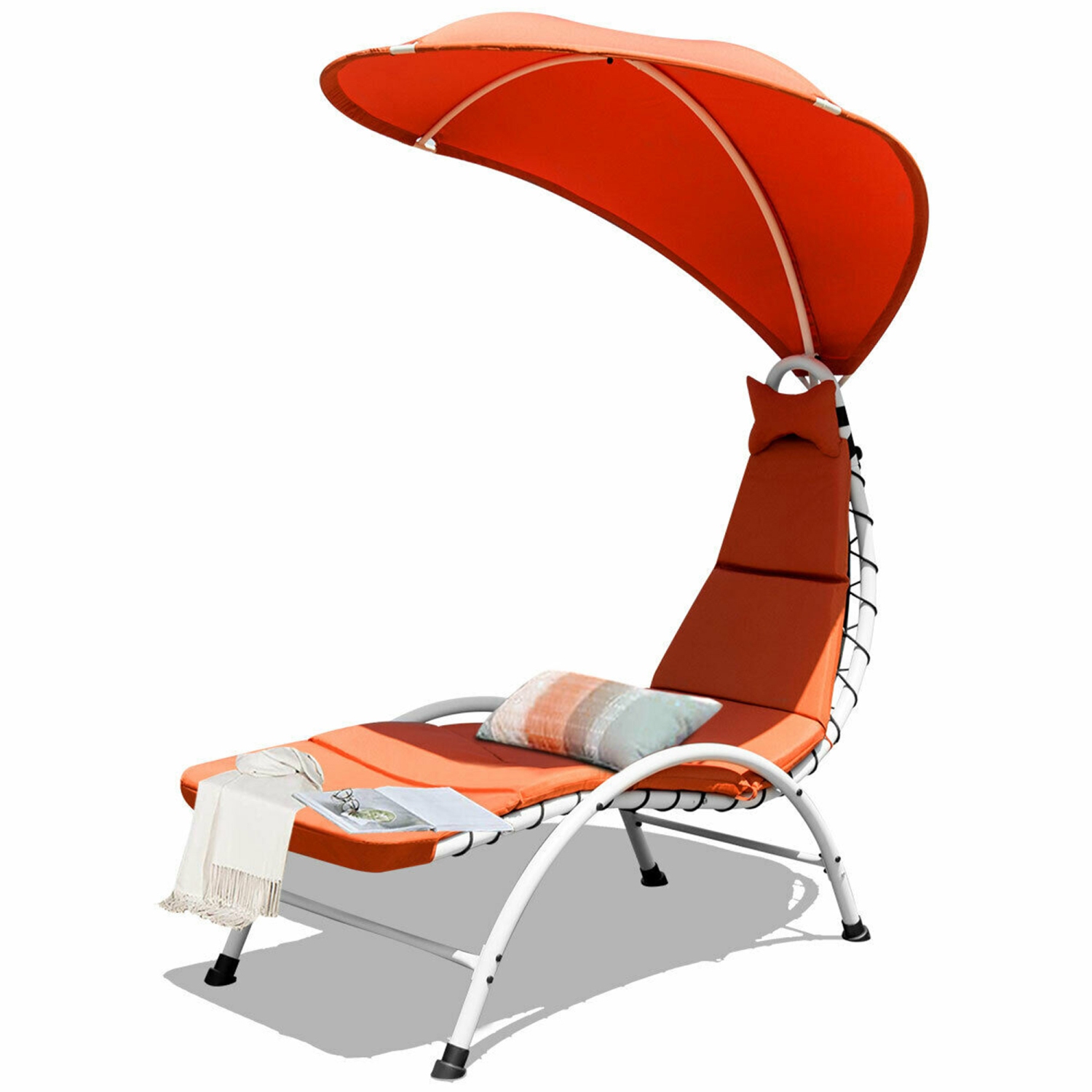 Gymax Patio Lounge Chair Chaise Outdoor w/ Steel Frame Cushion Canopy Orange