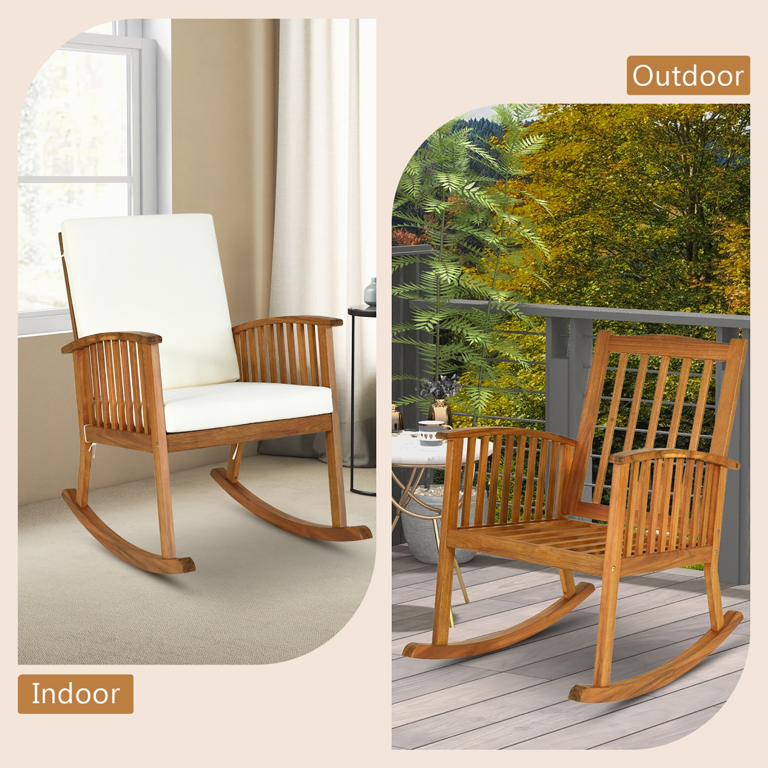 Gymax Patio Wooden Rocking Chair Lawn Garden Outdoor w/ Armrest Cushion