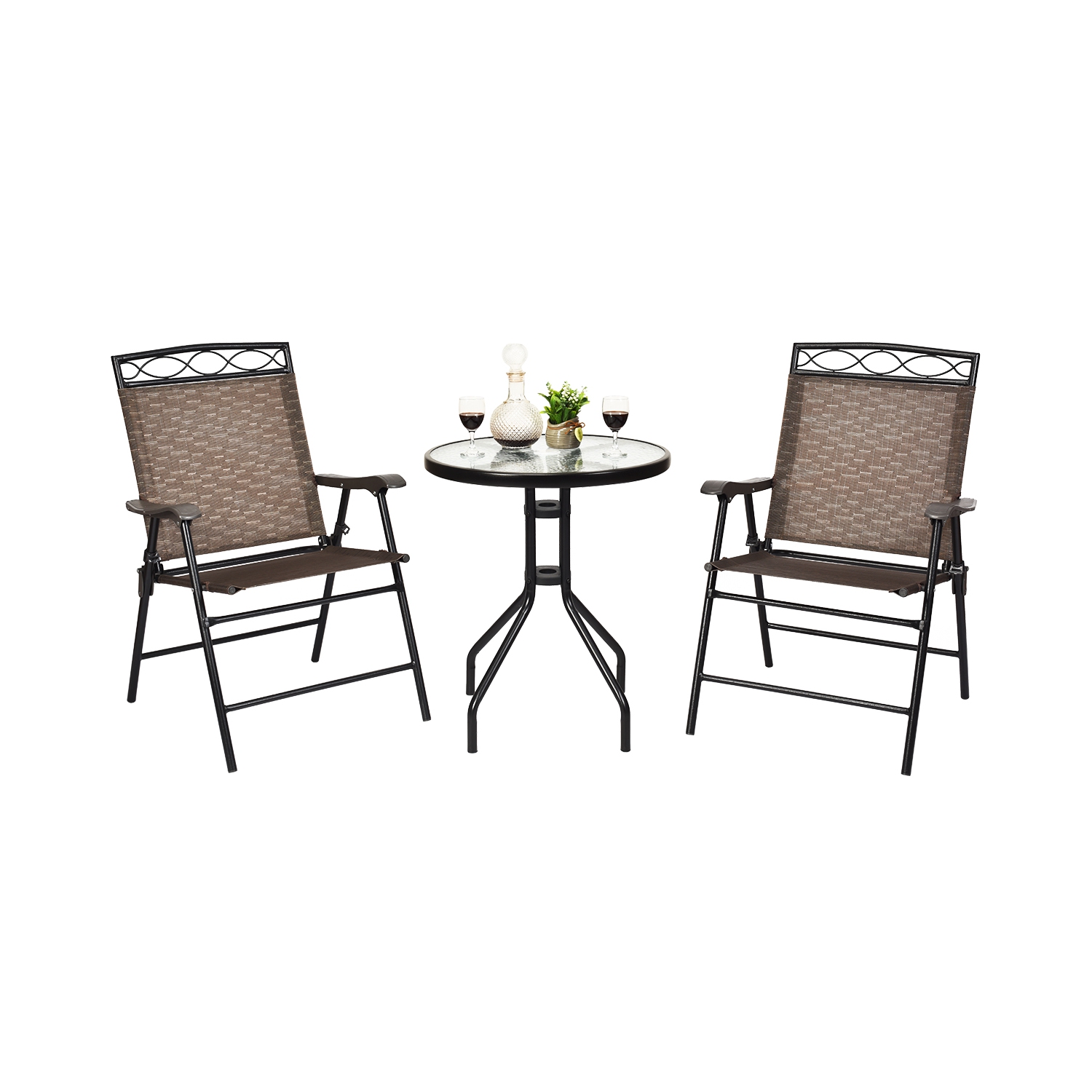 Gymax 3PCS Bistro Set Conversation Set Pub Patio Outdoor w/ Folding Chairs Table