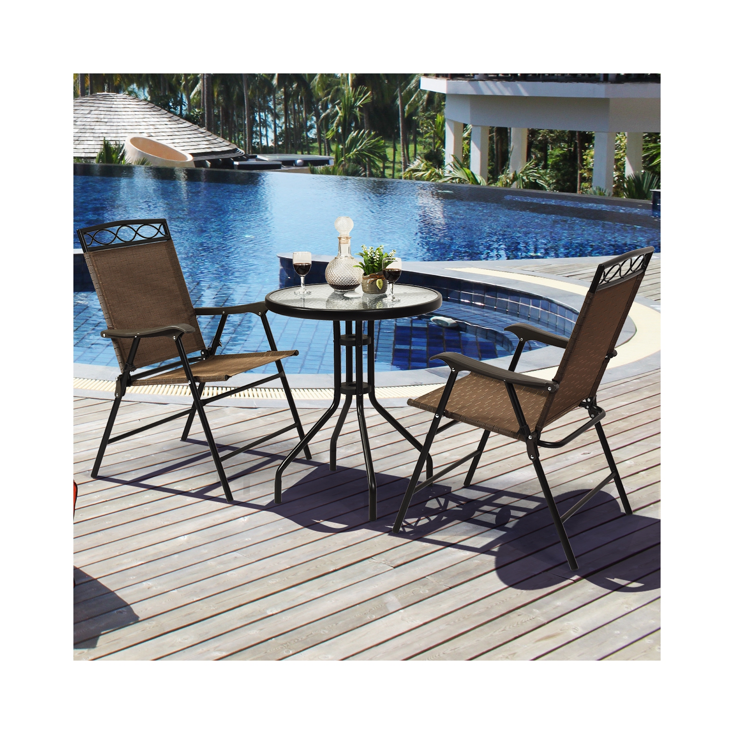 Gymax 3PCS Bistro Set Conversation Set Pub Patio Outdoor w/ Folding Chairs Table