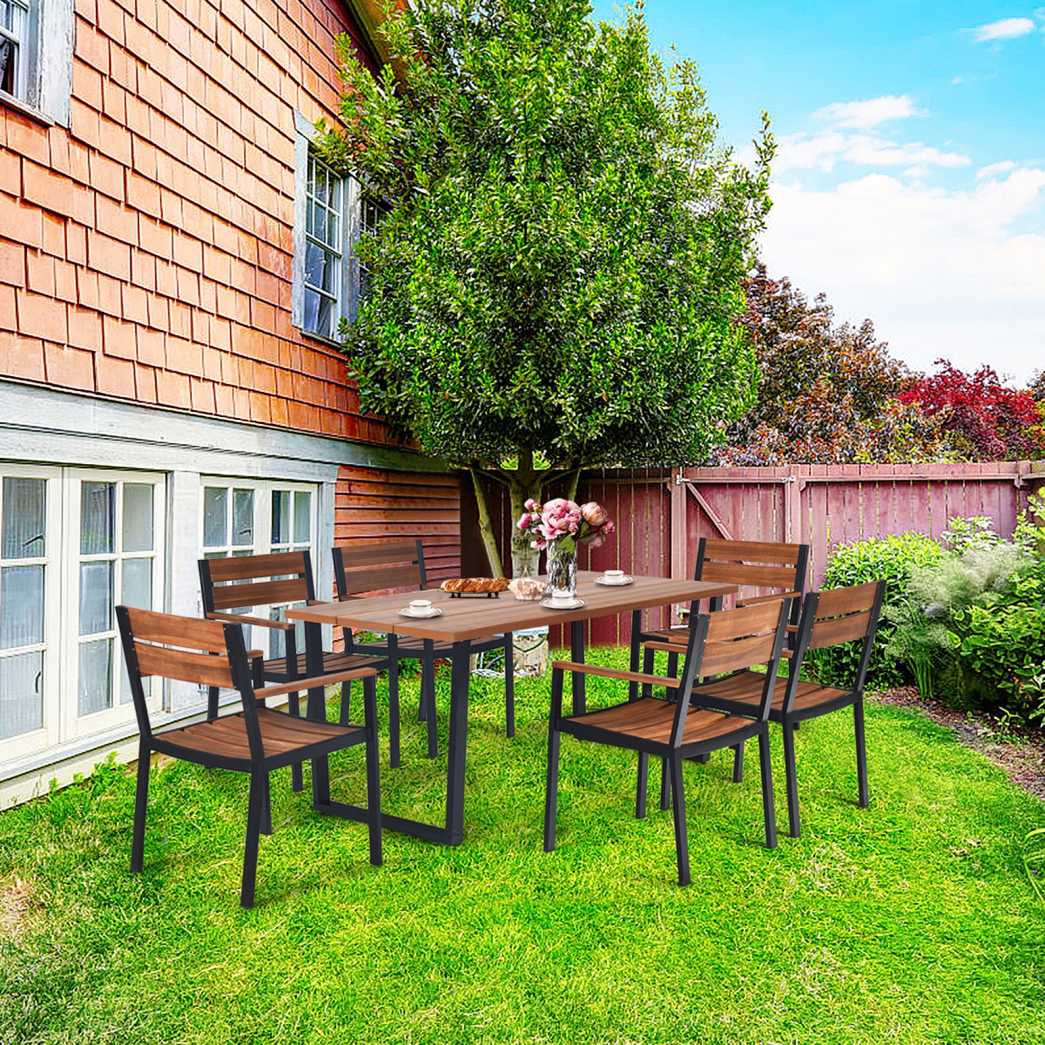 7PCS Ensemble de salle à manger de patio Ensemble de mobiliers d'extérieur avec 6 fauteuils avec trou pour parasol Gymax