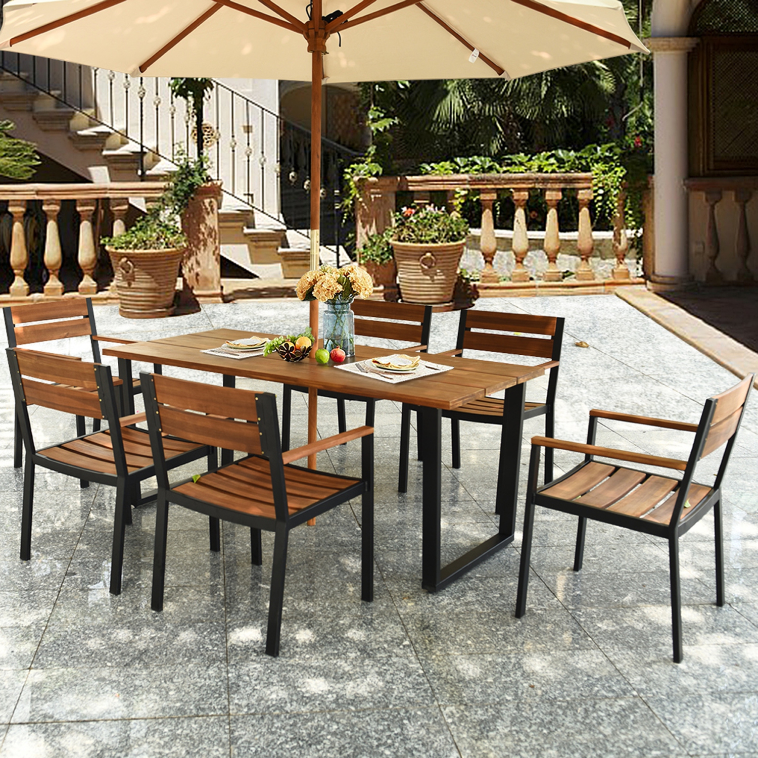 7PCS Ensemble de salle à manger de patio Ensemble de mobiliers d'extérieur avec 6 fauteuils avec trou pour parasol Gymax