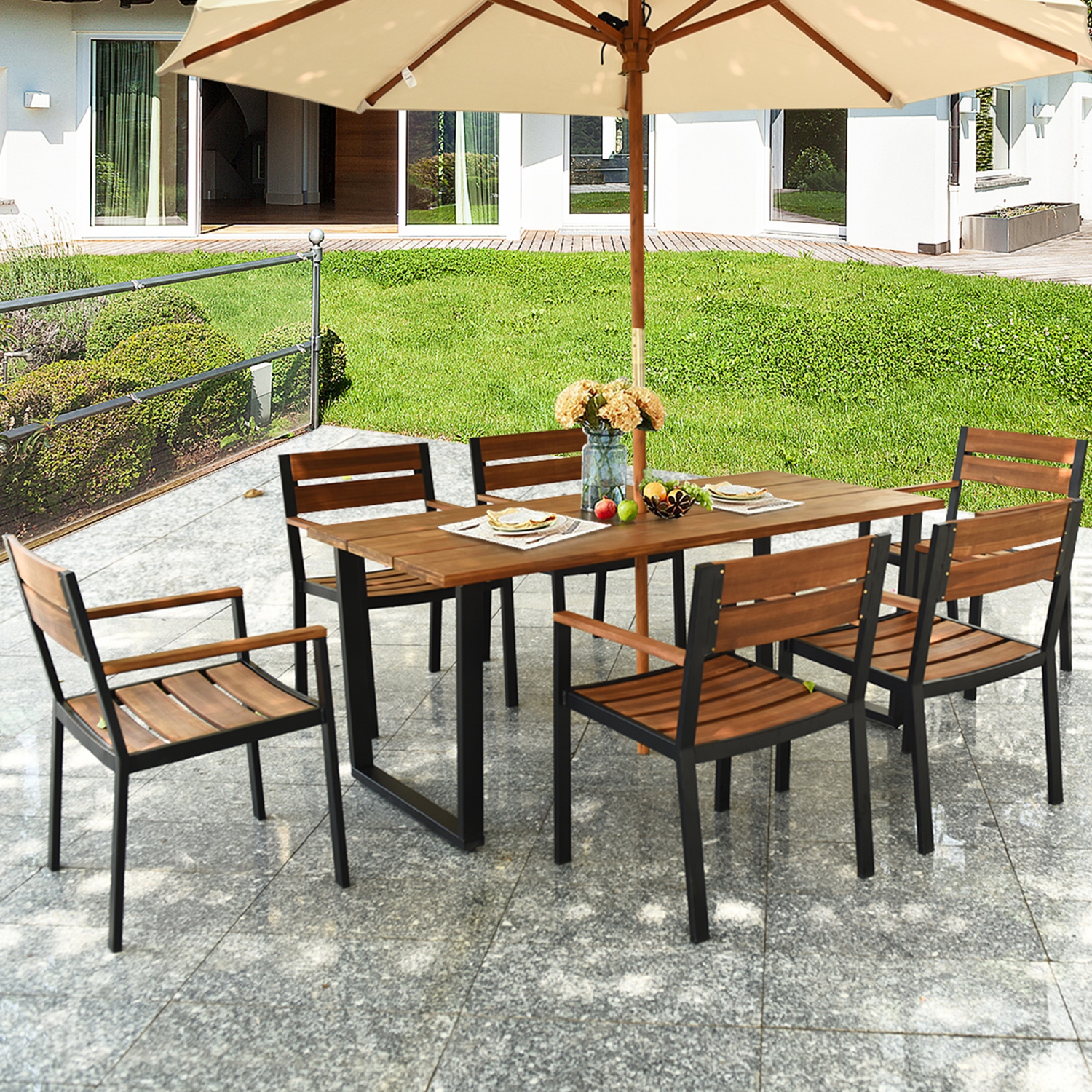 7PCS Ensemble de salle à manger de patio Ensemble de mobiliers d'extérieur avec 6 fauteuils avec trou pour parasol Gymax