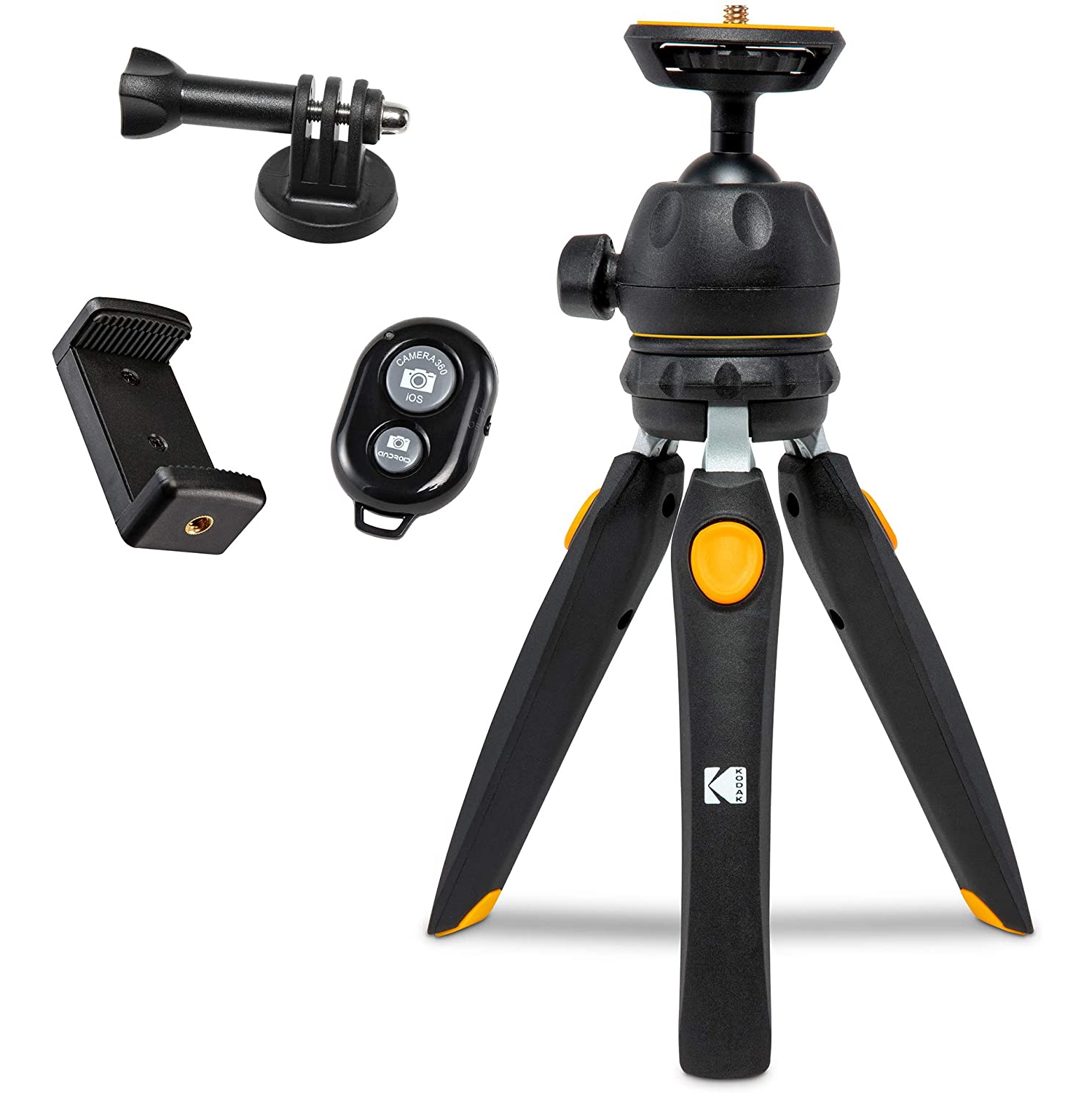 KODAK PhotoGear Mini Adjustable Tripod with 360° Ball Head, Compact 9” Tabletop Tripod Converts to 11” Selfie Stick, 5-Position Legs, Rubber Feet,