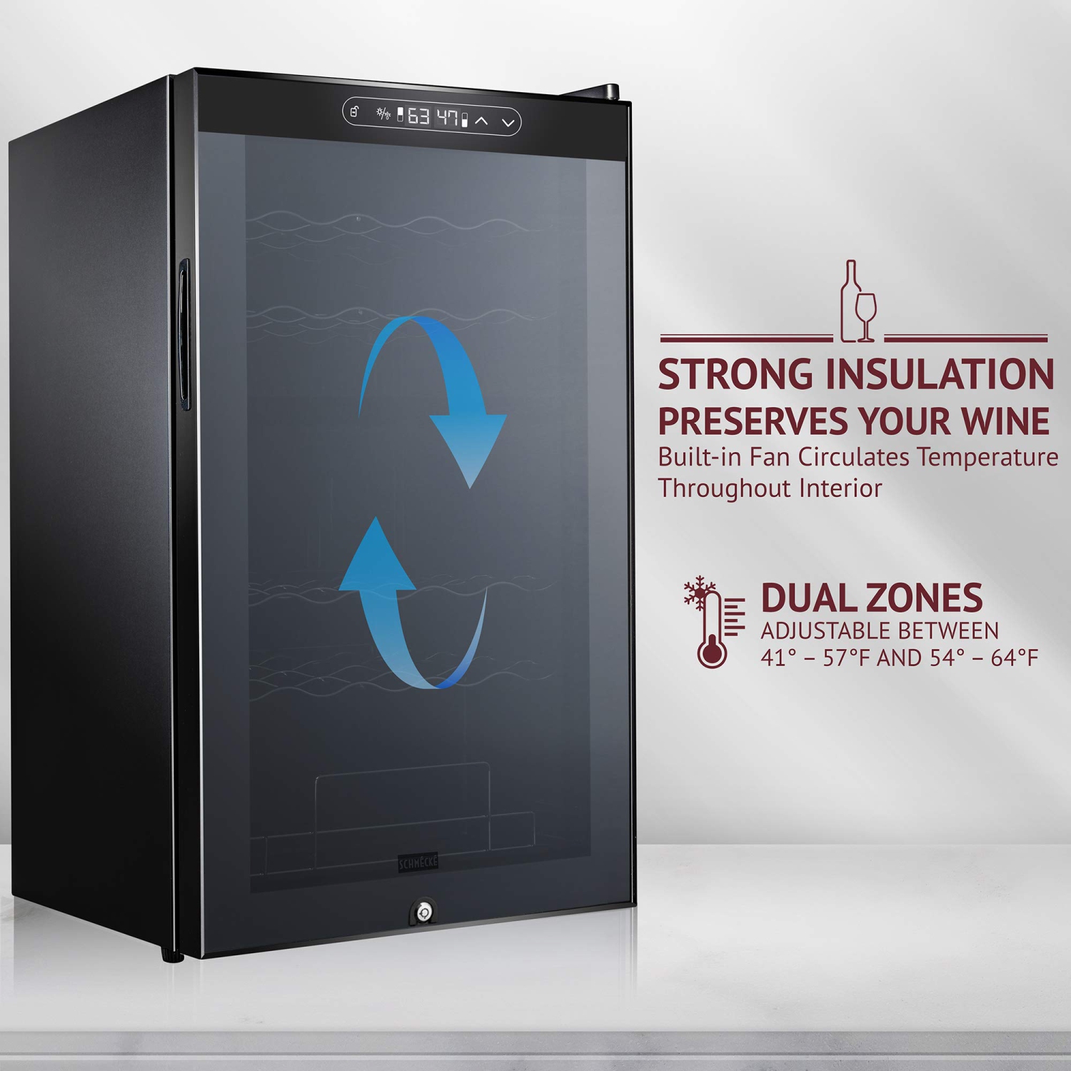 SCHMECKE 33 Bottle Dual Zone Wine Cooler Refrigerator w/Lock | Large Freestanding Wine Cellar | 41f-64f Digital Temperature Control Wine Fridge For