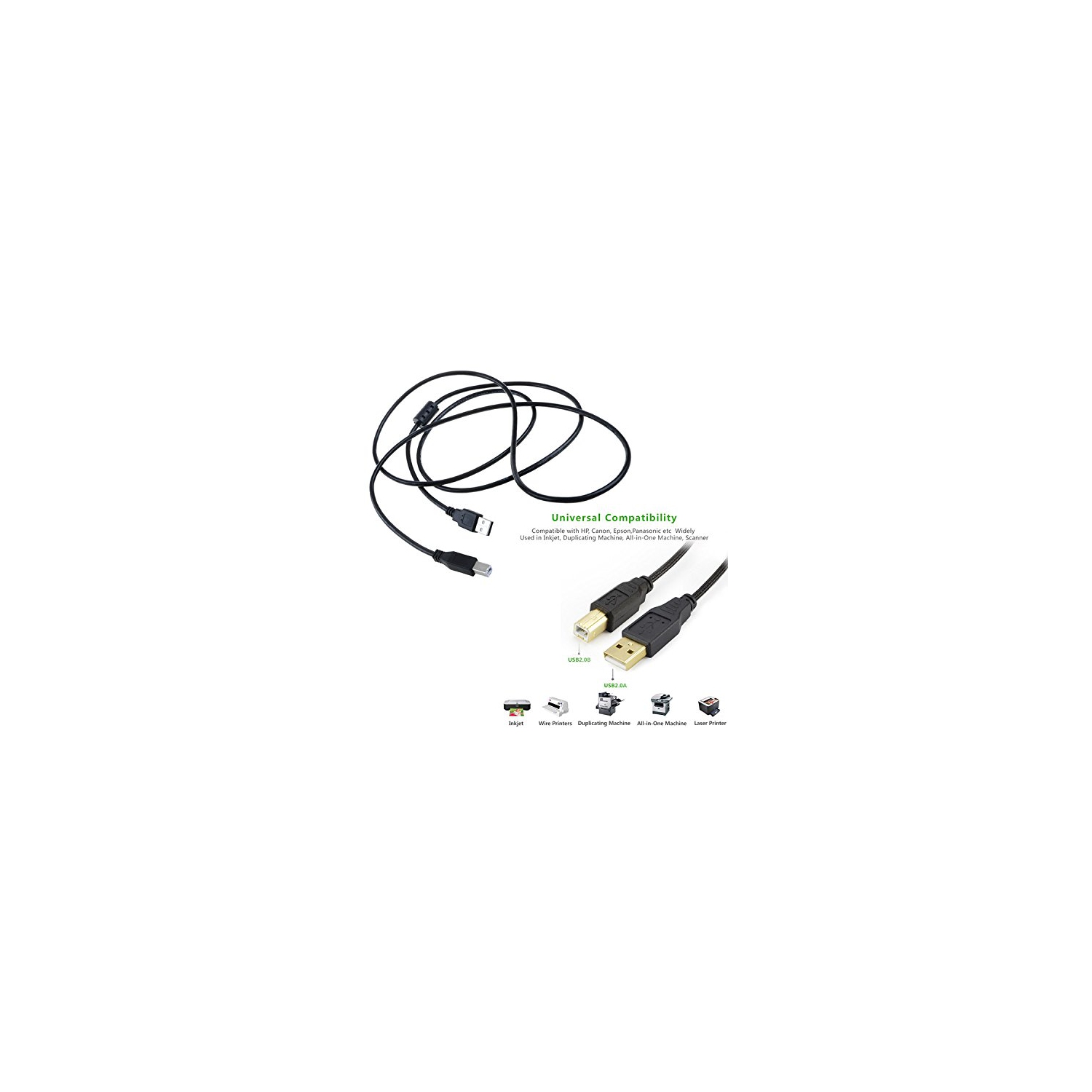 Accessory USA 6ft USB Cable for EPSON XP-850 XP-860 XP-950 WF-2520 WF-2630 WF-2650 Printer
