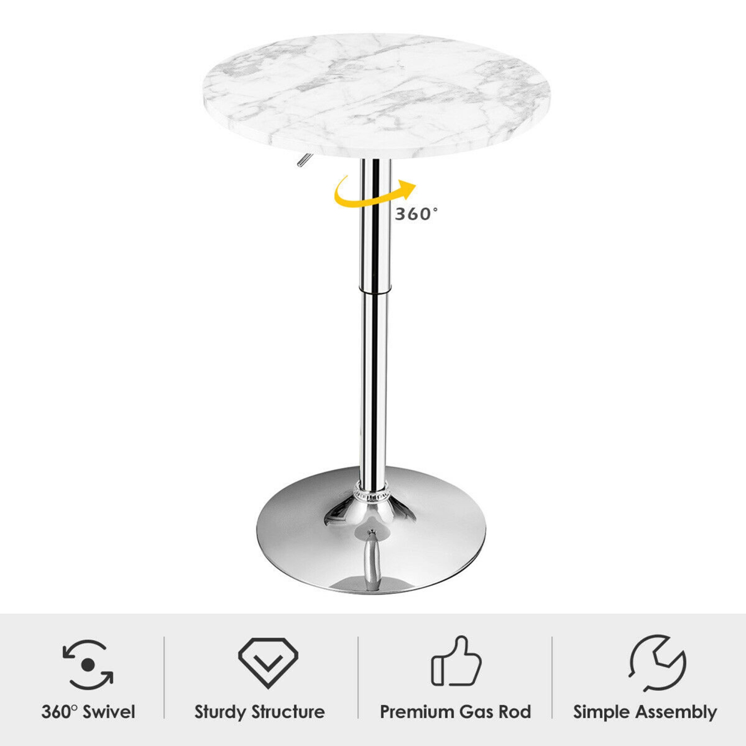 Gymax Set of 2 Round Pub Bar Table Height Adjustable 360° Swivel w/ Faux Marble Top