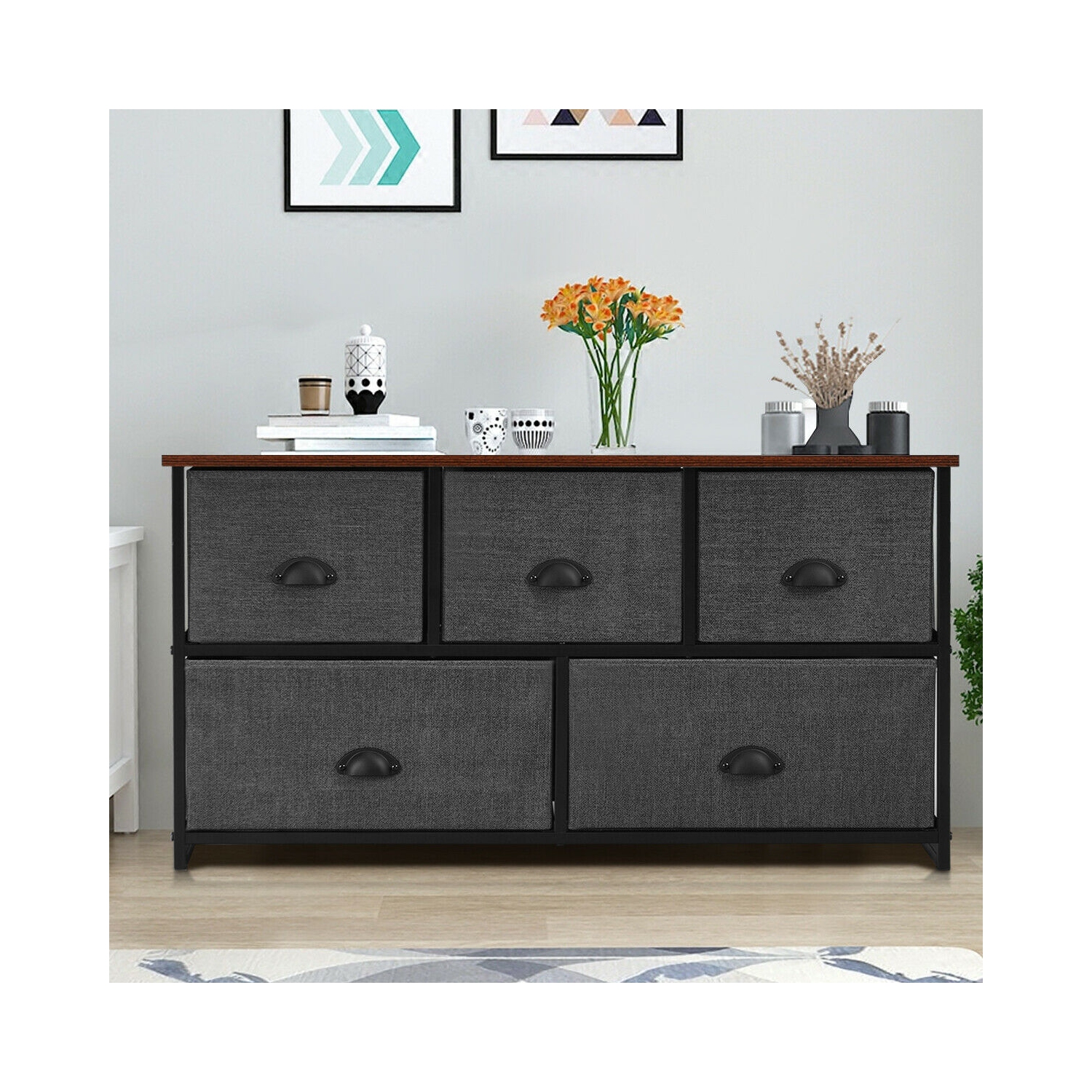 Gymax 5 Drawers Dresser Storage Unit Side Table Display Organizer Dorm Room Wood Black