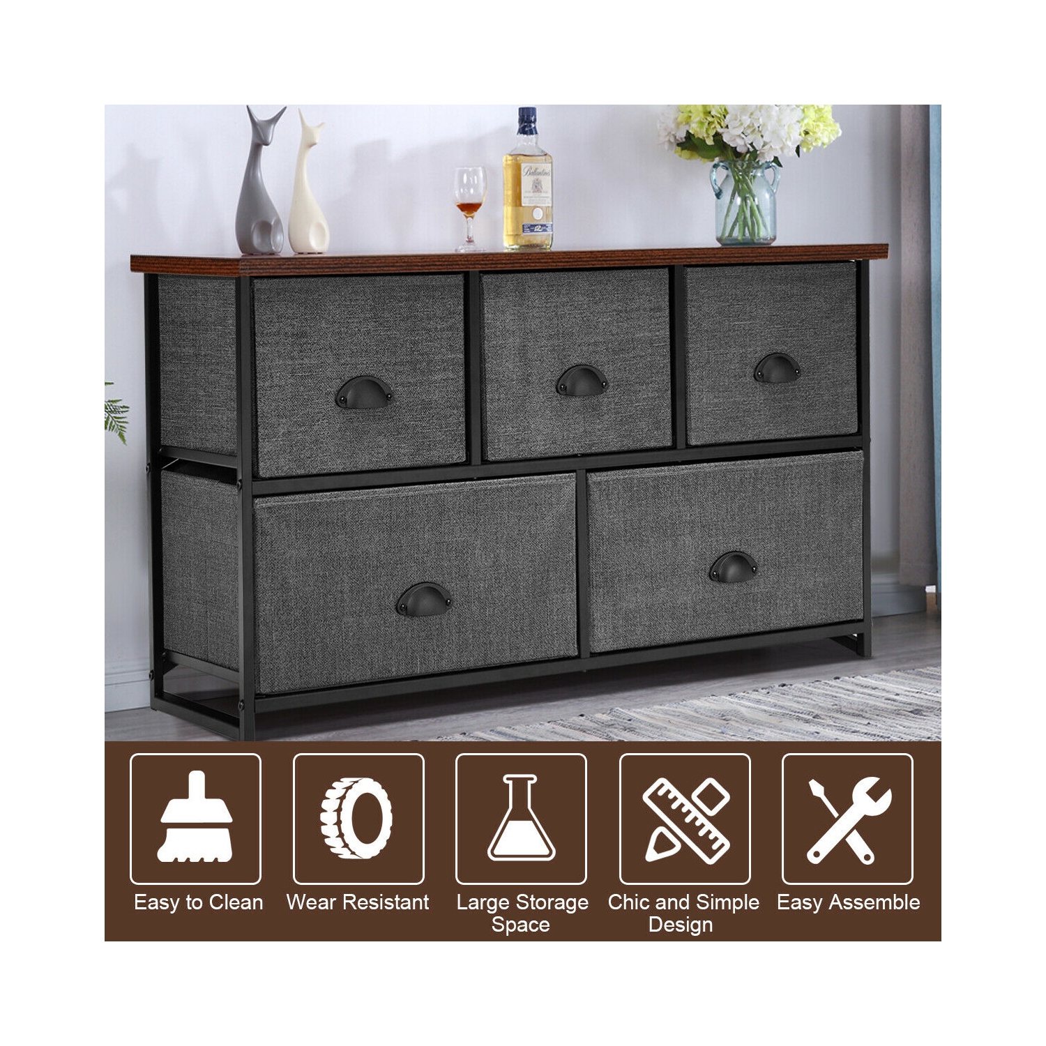 Gymax 5 Drawers Dresser Storage Unit Side Table Display Organizer Dorm Room Wood Black