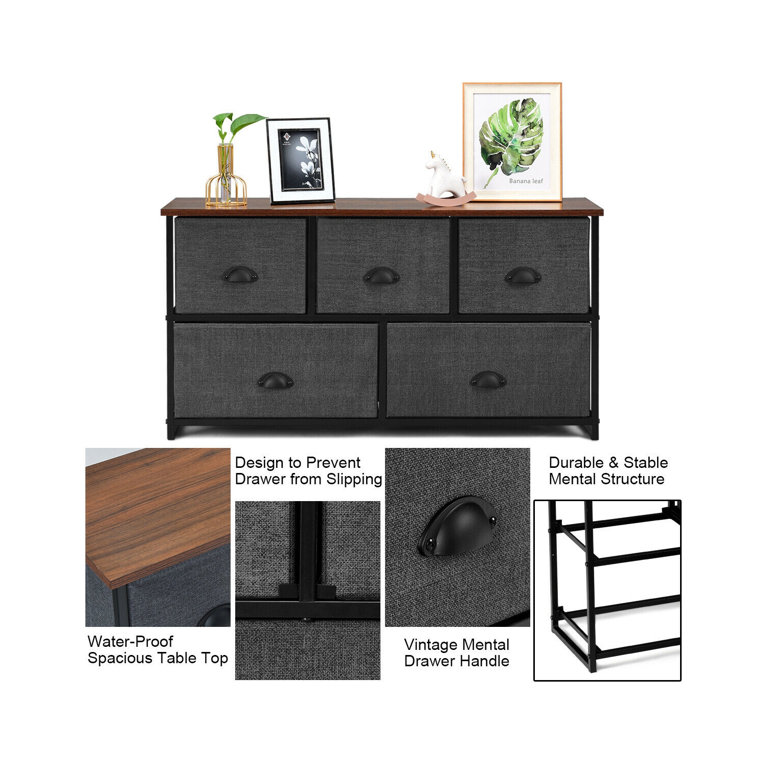 Gymax 5 Drawers Dresser Storage Unit Side Table Display Organizer Dorm Room Wood Black