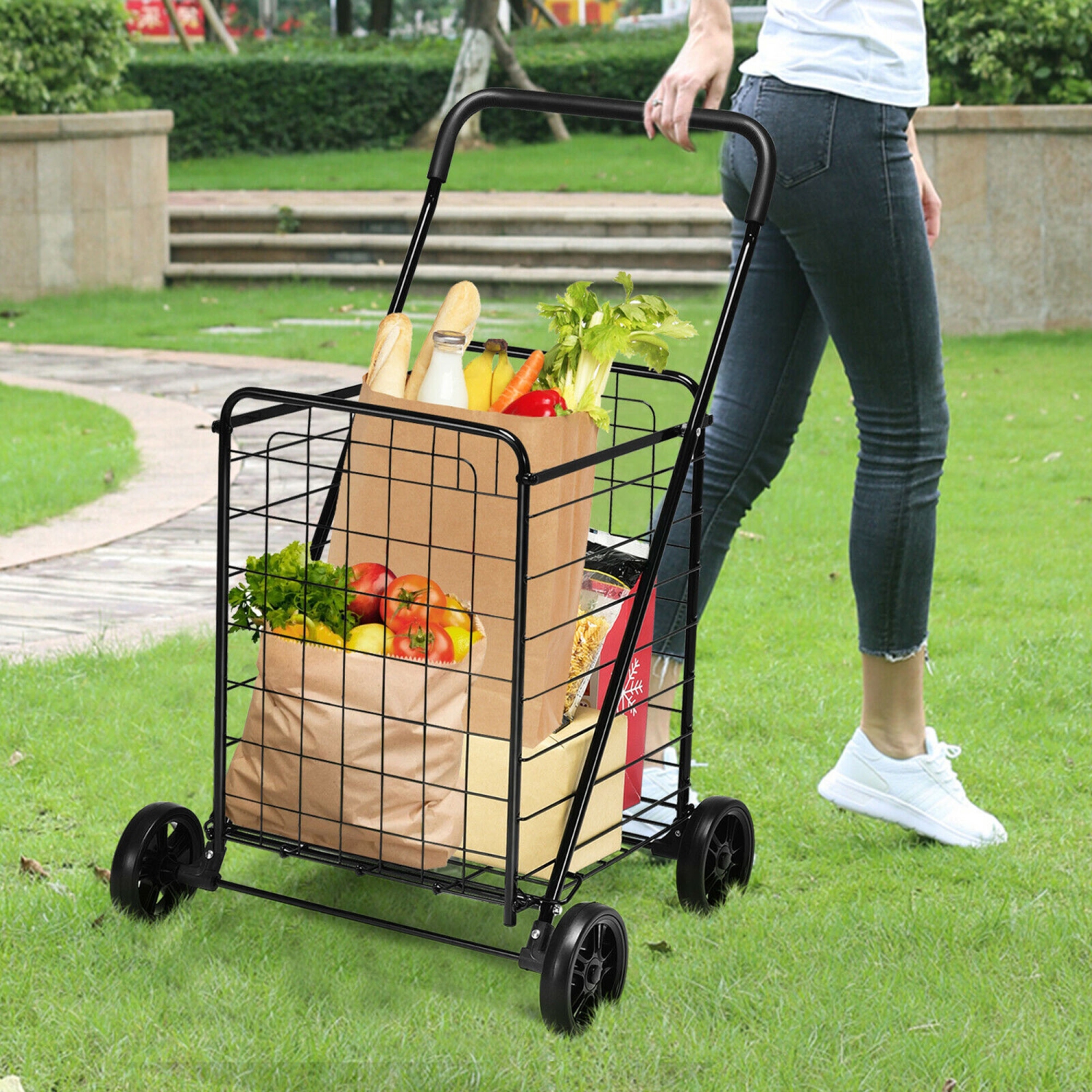 Gymax Folding Shopping Cart Utility Trolley Portable For Grocery Laundry Travel