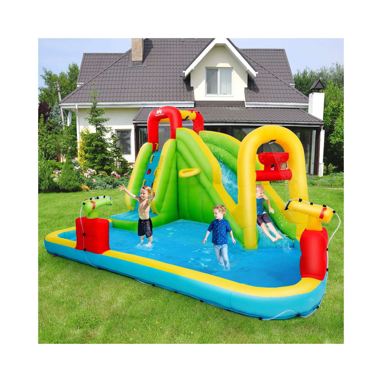 Gymax Outdoor Inflatable Splash Water Bounce House Jump Slide w/Blower