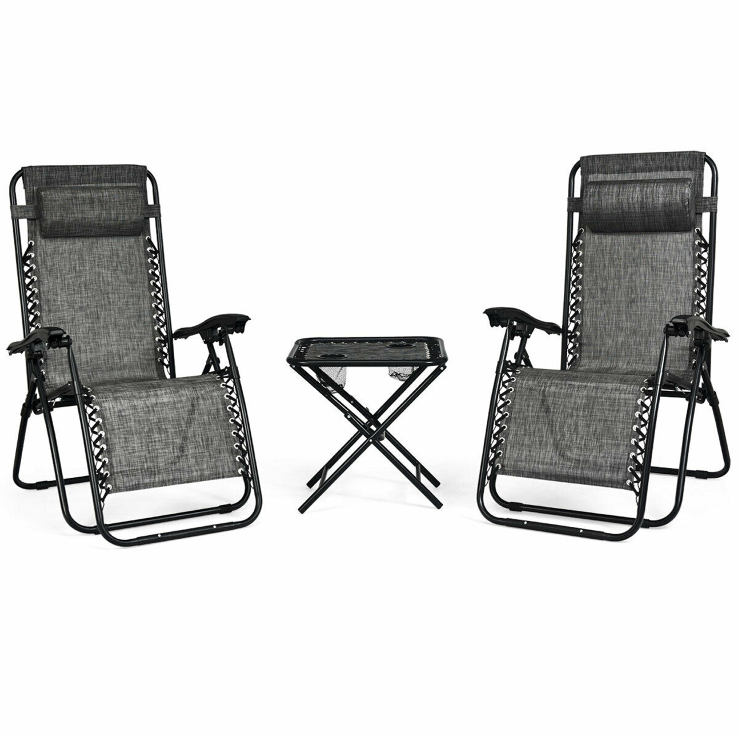 Gymax 3PCS Recliner Lounge Chairs Pillows Table Portable Folding Grey