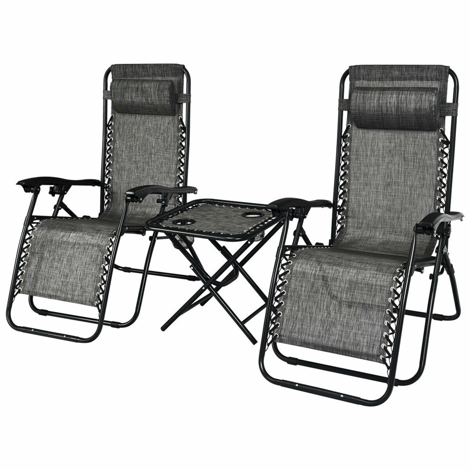 Gymax 3PCS Recliner Lounge Chairs Pillows Table Portable Folding Grey