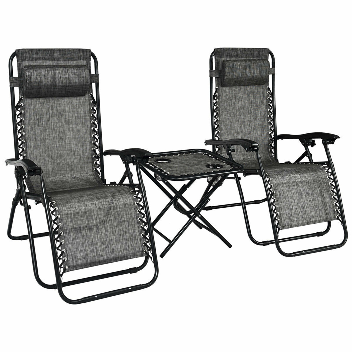 Gymax 3PCS Recliner Lounge Chairs Pillows Table Portable Folding Grey