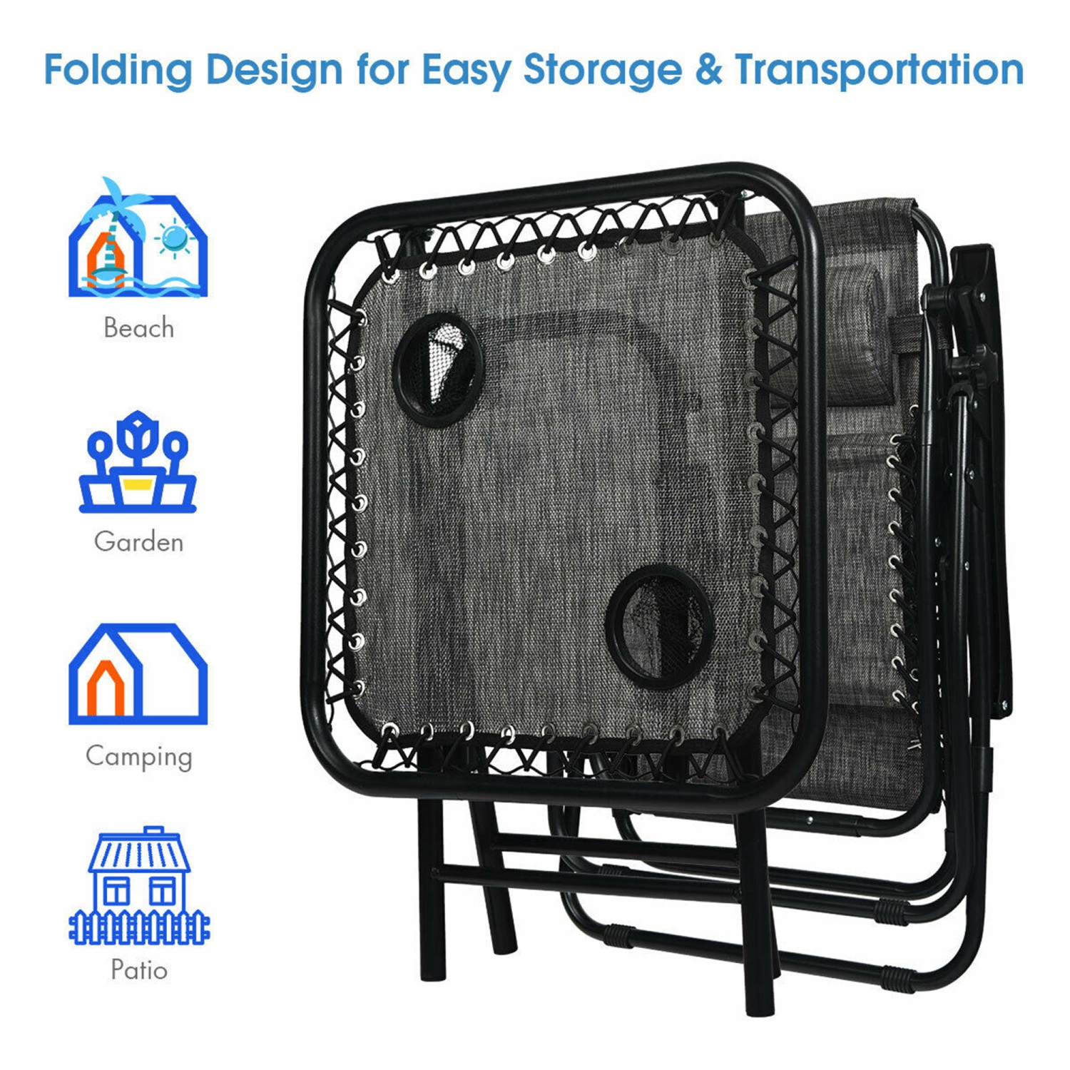 Gymax 3PCS Recliner Lounge Chairs Pillows Table Portable Folding Grey