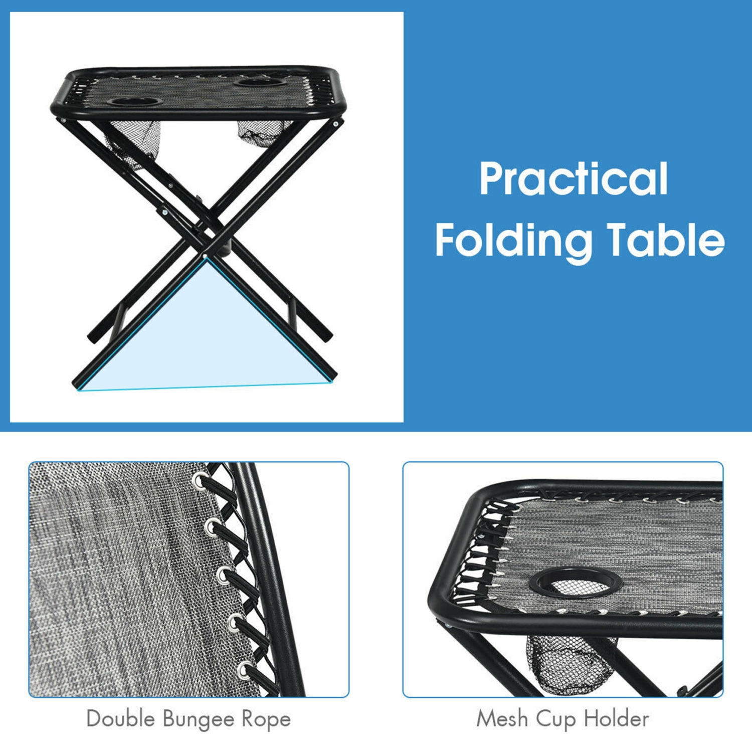 Gymax 3PCS Recliner Lounge Chairs Pillows Table Portable Folding Grey