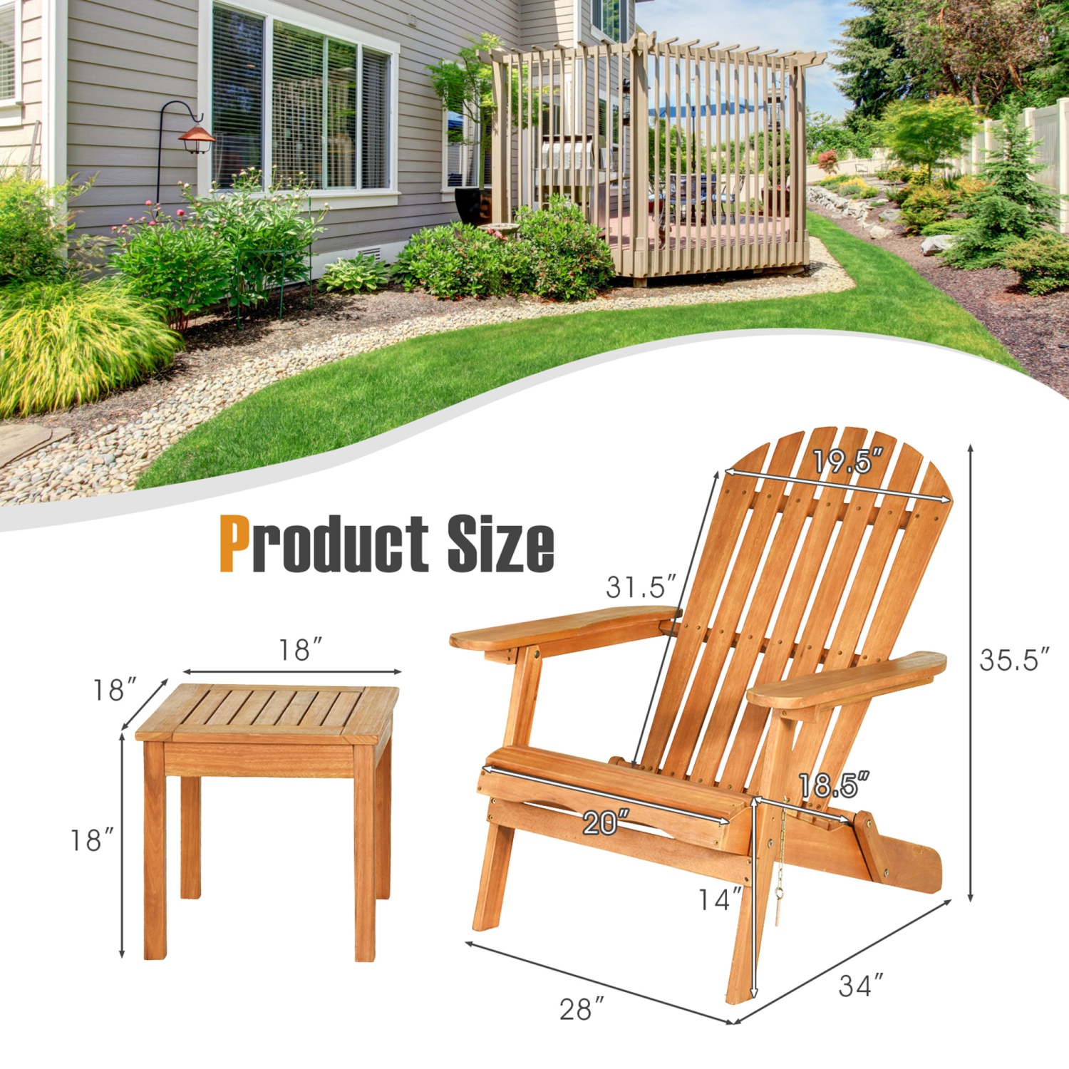 Gymax 3PCS Eucalyptus Adirondack Chair Set w/ Side Table Outdoor Patio Natural