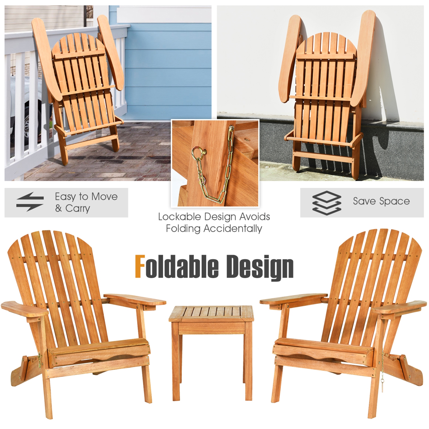 Gymax 3PCS Eucalyptus Adirondack Chair Set w/ Side Table Outdoor Patio Natural