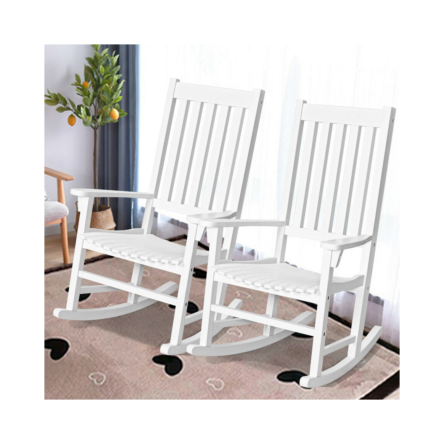 Gymax 2PCS Wood Rocking Chair Porch Rocker High Back Garden Seat Indoor Outdoor
